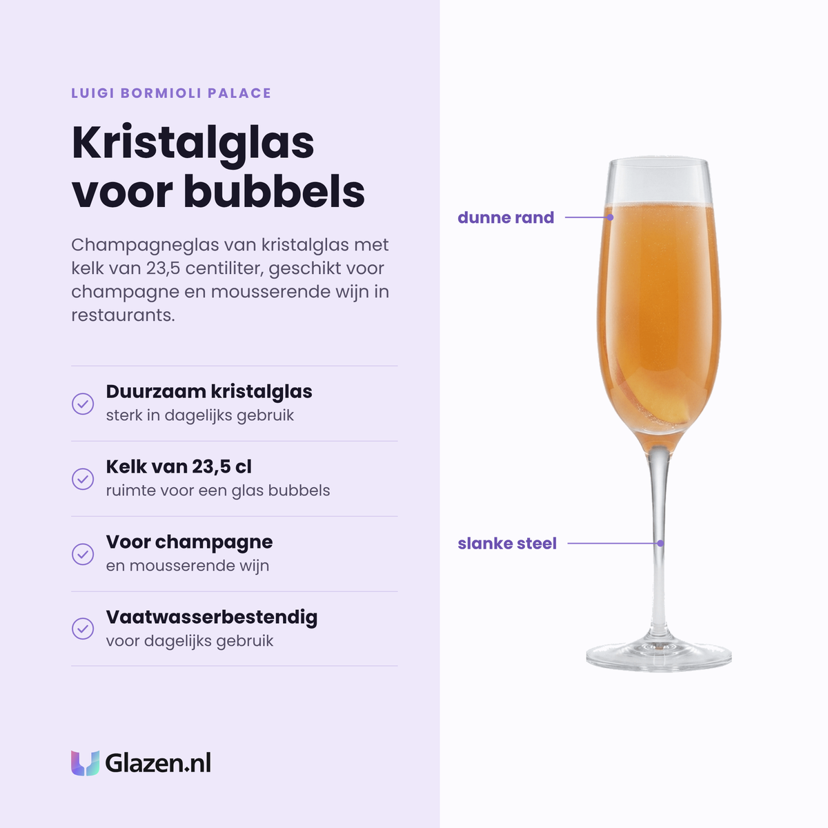 Luigi Bormioli Palace champagneglas 23,5 cl eigenschappen: duurzaam kristalglas, kelk van 23,5 cl, voor champagne en mousserende wijn, vaatwasserbestendig