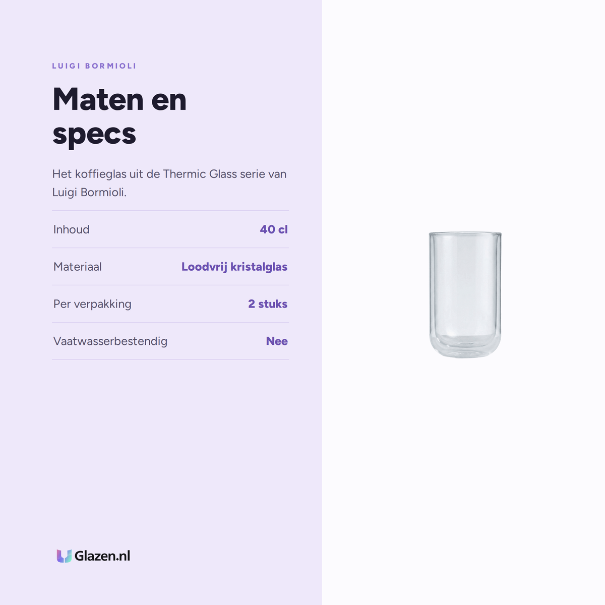 Maten en specs van Luigi Bormioli Thermic Glass Koffieglas 40 Cl Sublime Beverage