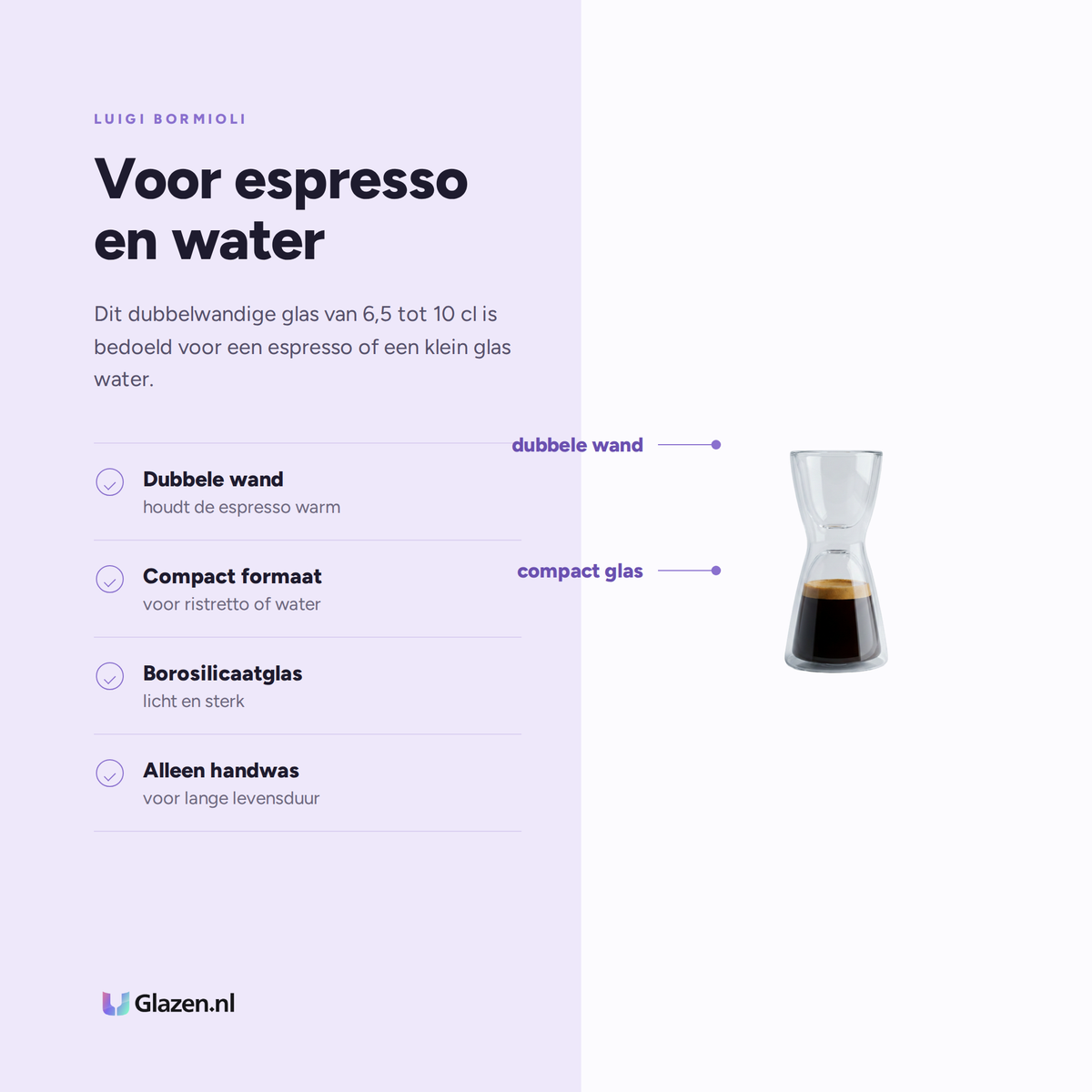 Eigenschappen van Luigi Bormioli Thermic Glass Koffieglas Unico Espresso-Water 6,5-10 Cl