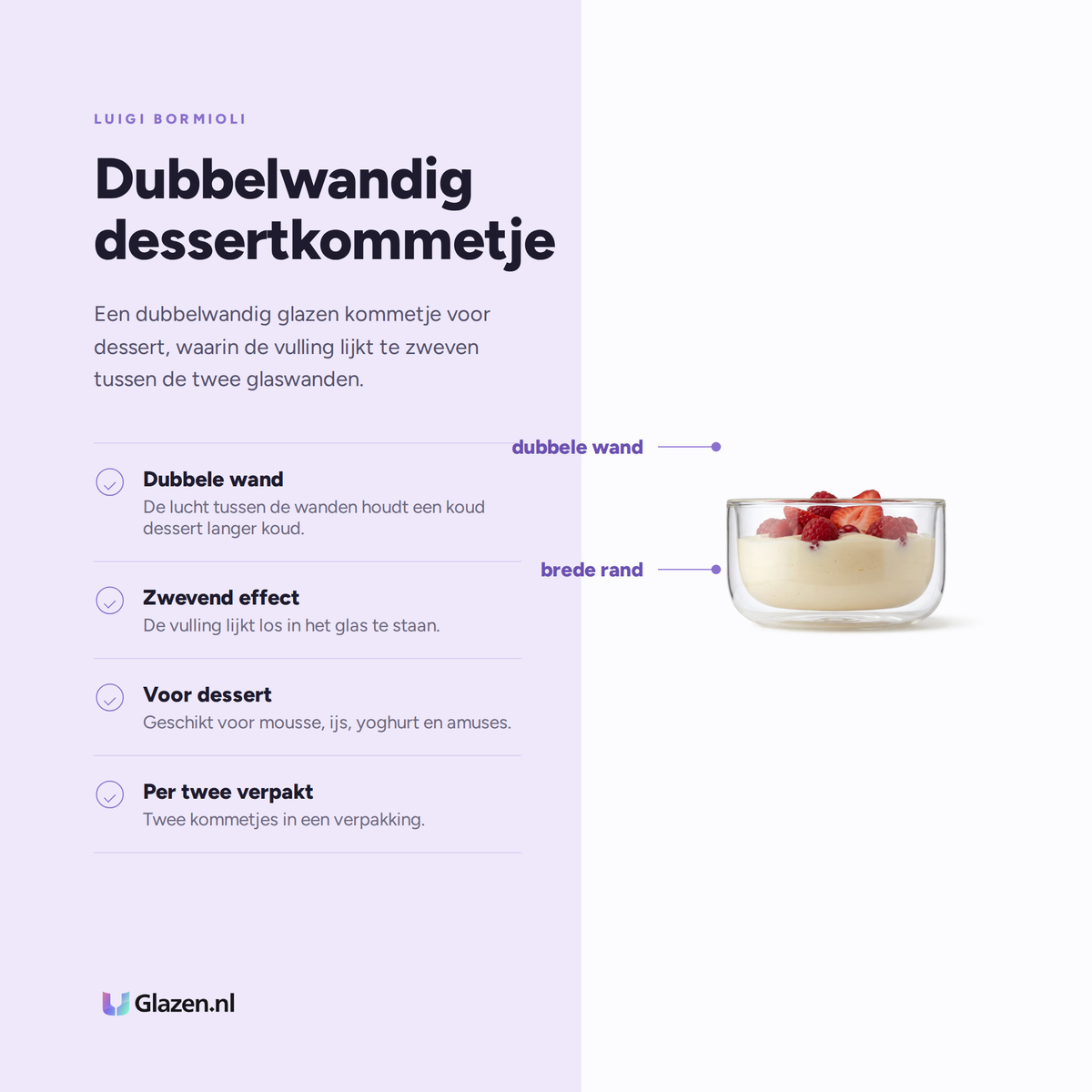 Luigi Bormioli Thermic Glass dessertkommetje eigenschappen: dubbele wand, zwevend effect, voor dessert, per twee verpakt