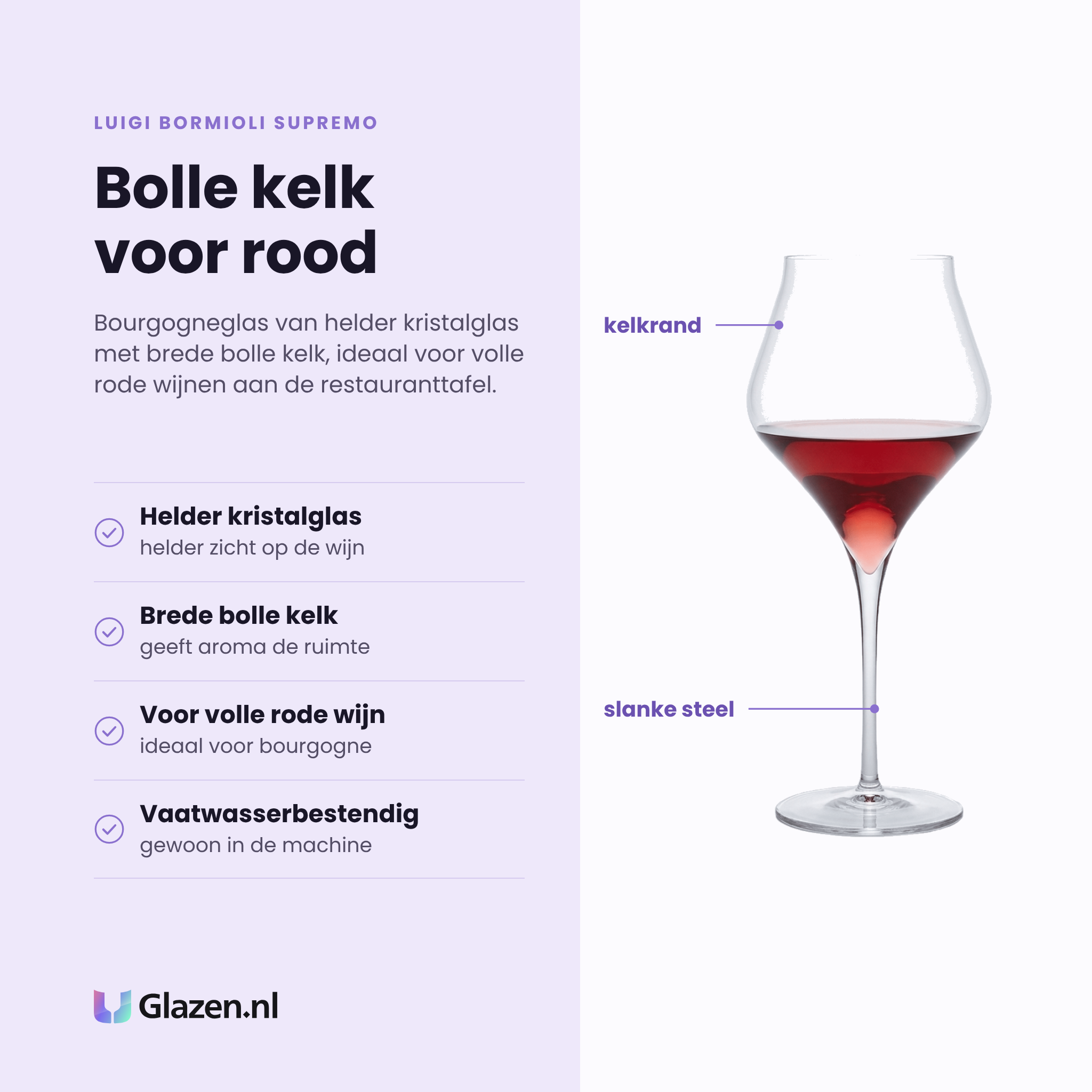 Luigi Bormioli Supremo bourgogneglas 65 cl eigenschappen: helder kristalglas, brede bolle kelk, voor volle rode wijn, vaatwasserbestendig