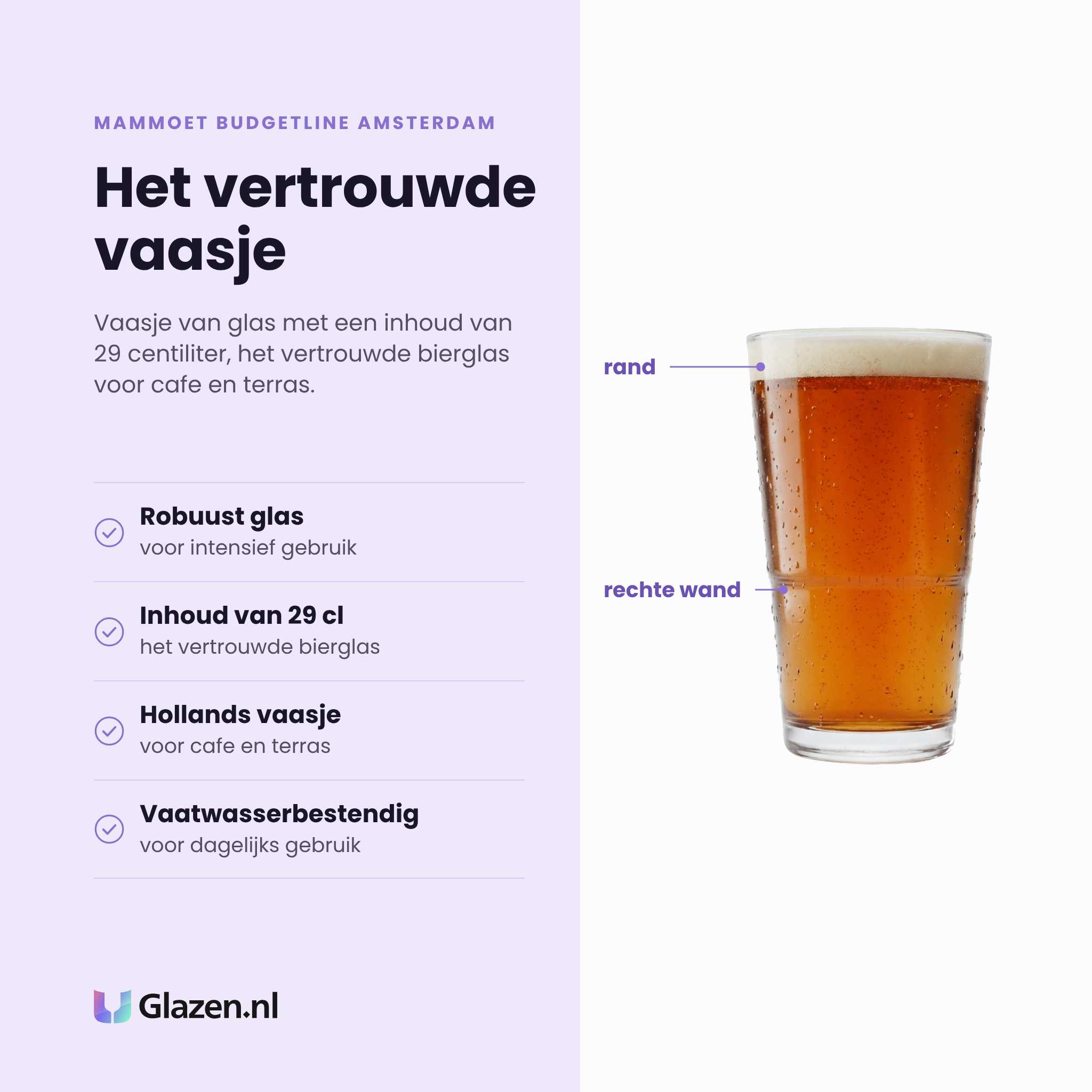 Mammoet Budgetline Amsterdam bierglas 29 cl eigenschappen: robuust glas, inhoud van 29 cl, hollands vaasje, vaatwasserbestendig