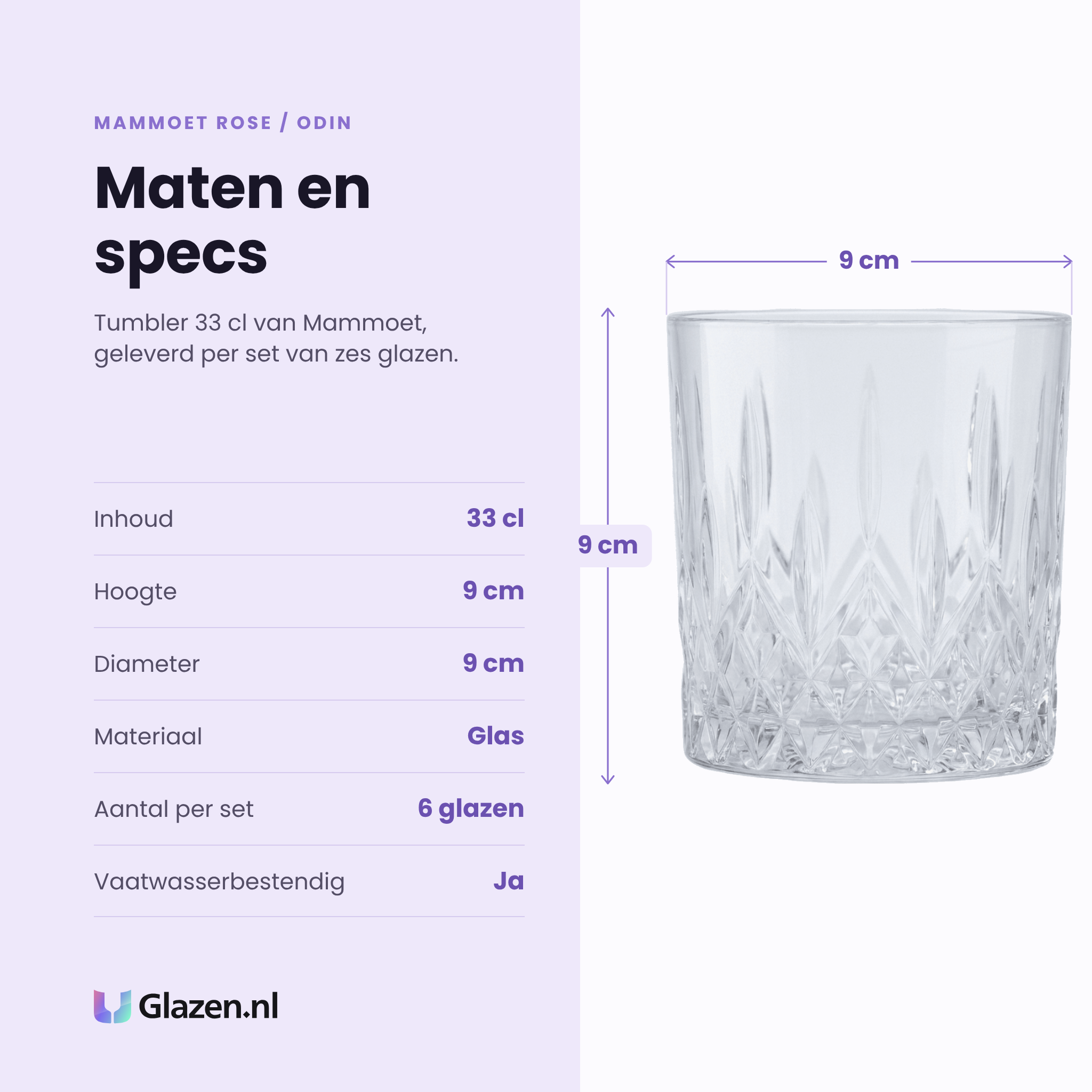 Mammoet Rose / Odin tumbler 33 cl specificaties: inhoud 33 cl, hoogte 9 cm, diameter 9 cm, glas, set van 6