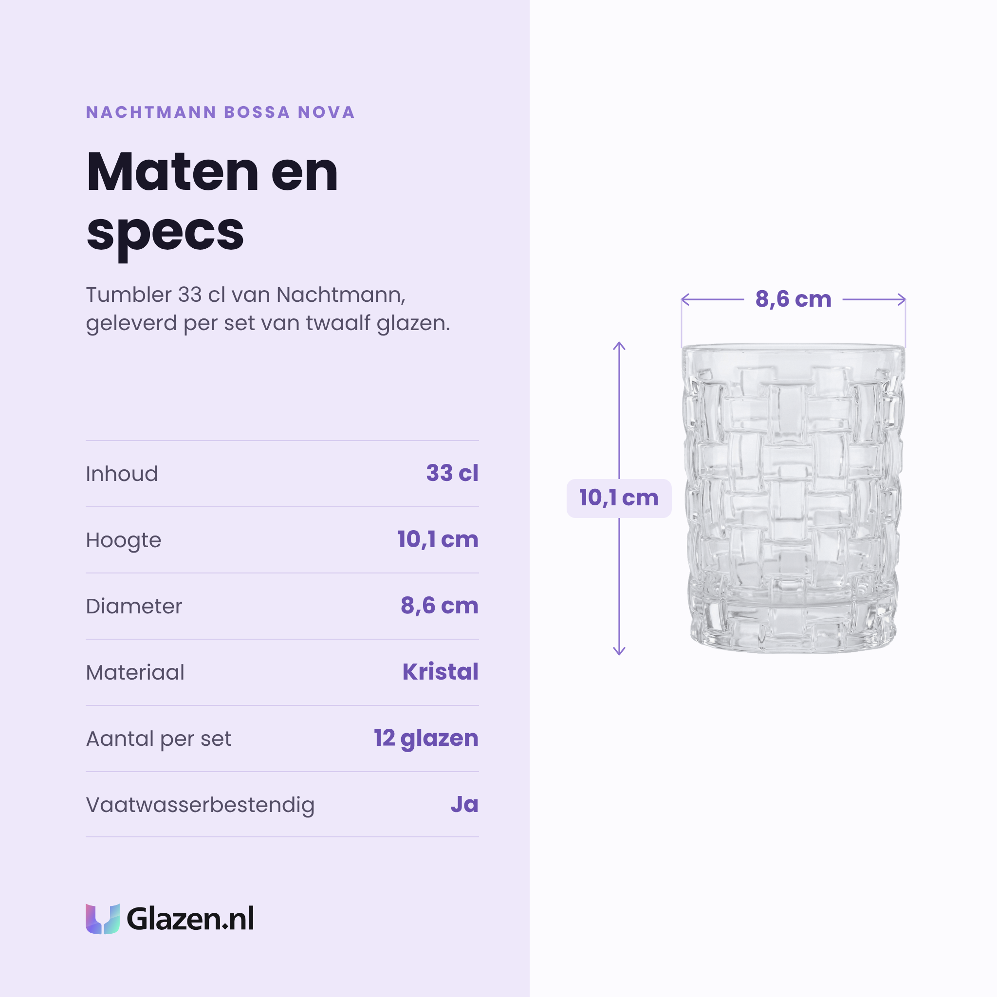 Nachtmann Bossa Nova tumbler 33 cl specificaties: inhoud 33 cl, hoogte 10,1 cm, diameter 8,6 cm, kristal, set van 12