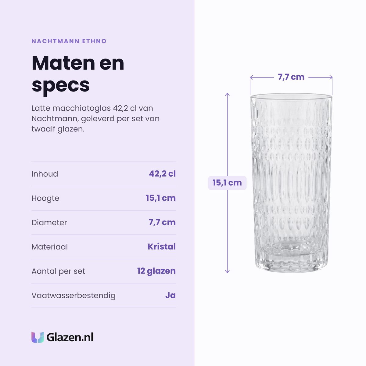 Nachtmann Ethno latte macchiatoglas 42,2 cl specificaties: inhoud 42,2 cl, hoogte 15,1 cm, diameter 7,7 cm, kristal, set van 12