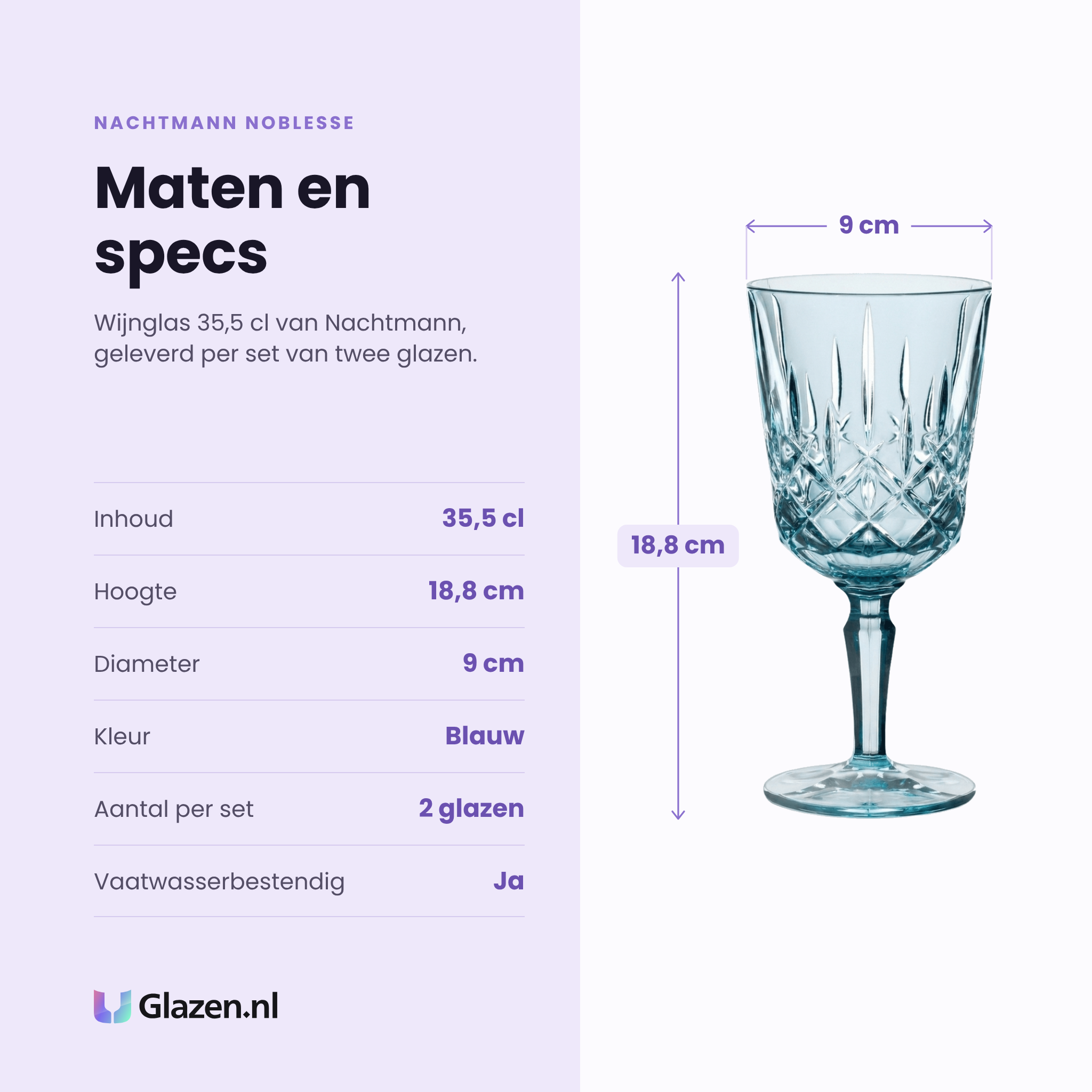Nachtmann Noblesse wijnglas 35,5 cl specificaties: inhoud 35,5 cl, hoogte 18,8 cm, diameter 9 cm, kleur blauw, set van 2