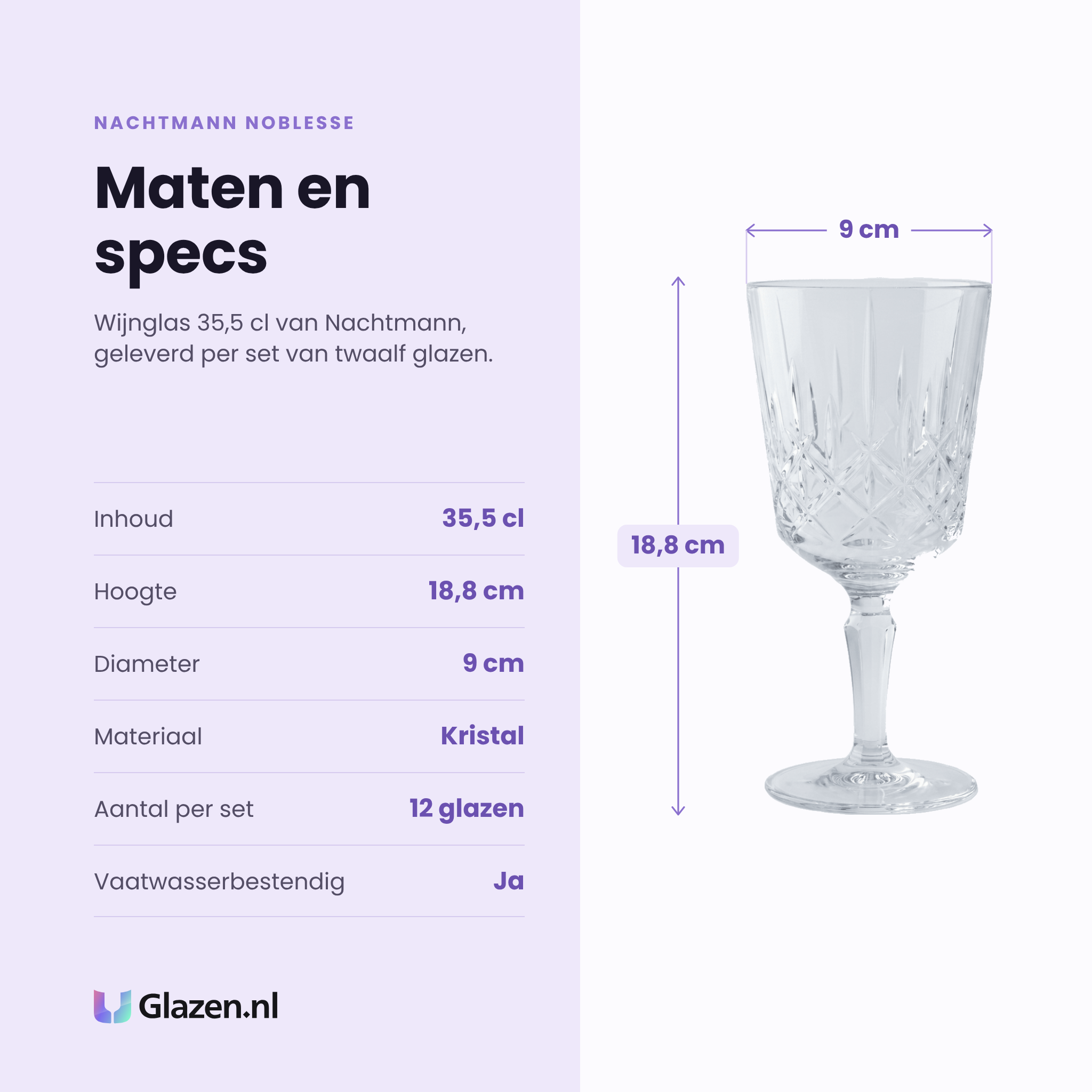 Nachtmann Noblesse wijnglas 35,5 cl specificaties: inhoud 35,5 cl, hoogte 18,8 cm, diameter 9 cm, kristal, set van 12