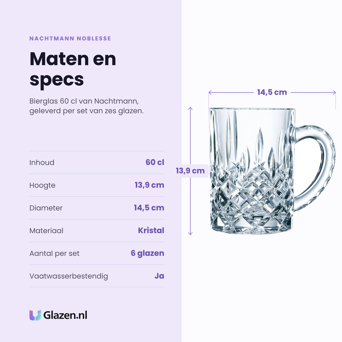 Nachtmann Noblesse bierglas 60 cl specificaties: inhoud 60 cl, hoogte 13,9 cm, diameter 14,5 cm, kristal, set van 6