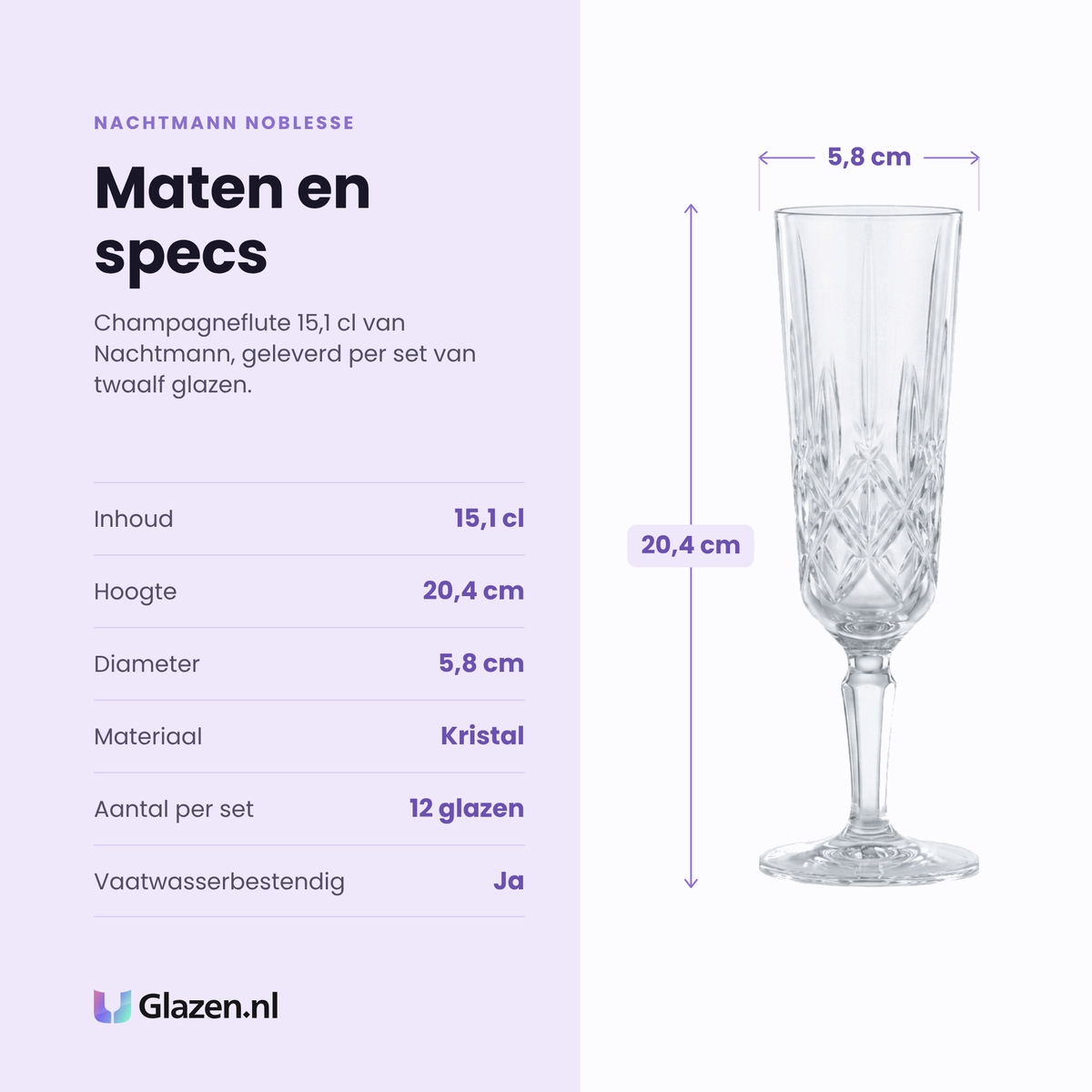 Nachtmann Noblesse champagneflute 15,1 cl specificaties: inhoud 15,1 cl, hoogte 20,4 cm, diameter 5,8 cm, kristal, set van 12