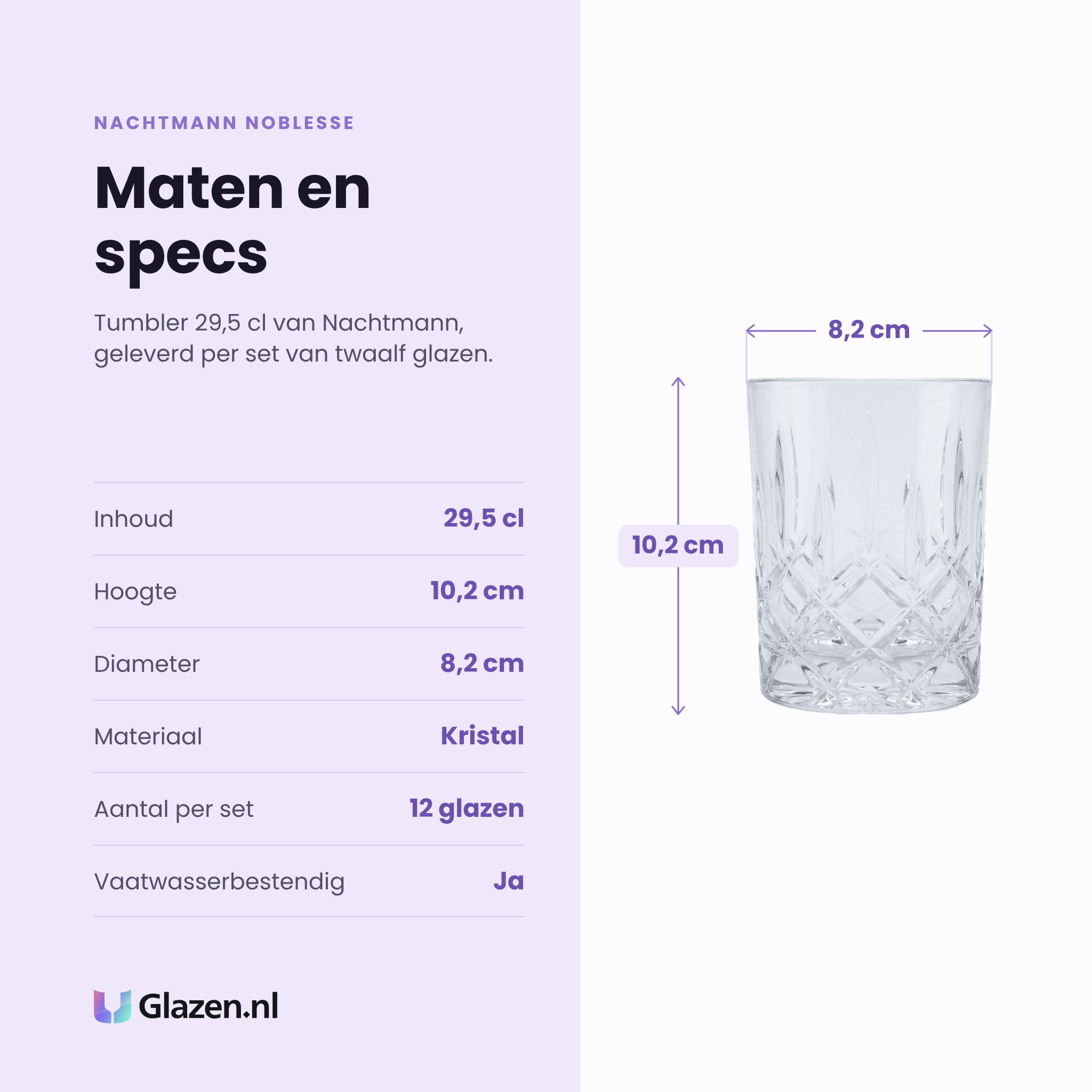 Nachtmann Noblesse tumbler 29,5 cl specificaties: inhoud 29,5 cl, hoogte 10,2 cm, diameter 8,2 cm, kristal, set van 12