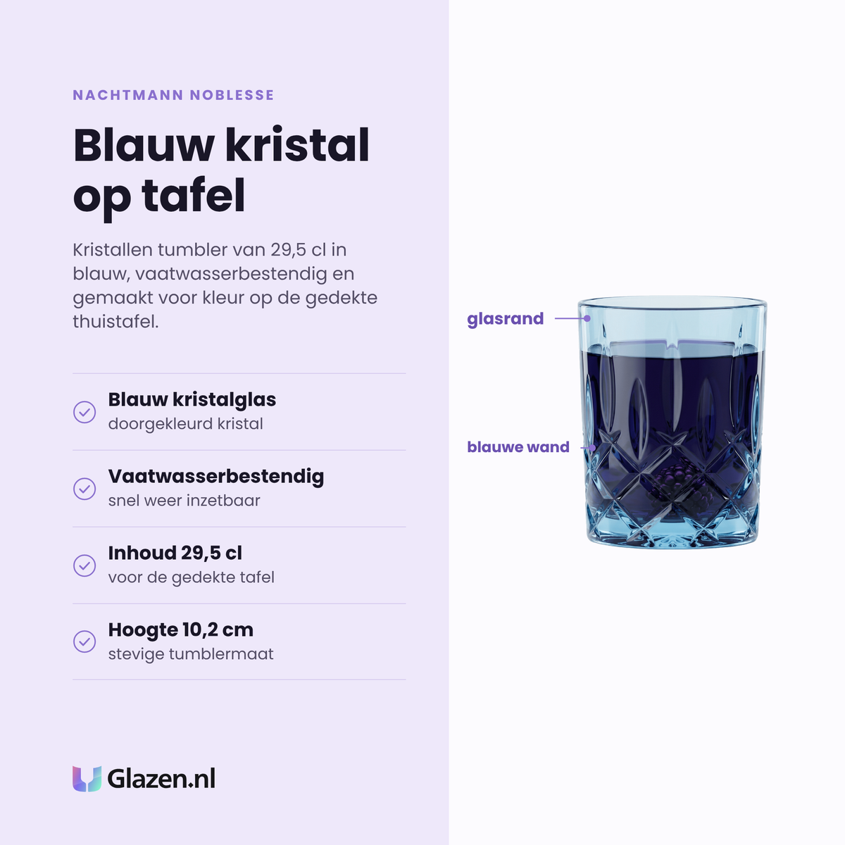 Nachtmann Noblesse tumbler 29,5 cl eigenschappen: blauw gekleurd kristalglas, vaatwasserbestendig, inhoud 29,5 cl, hoogte 10,2 cm