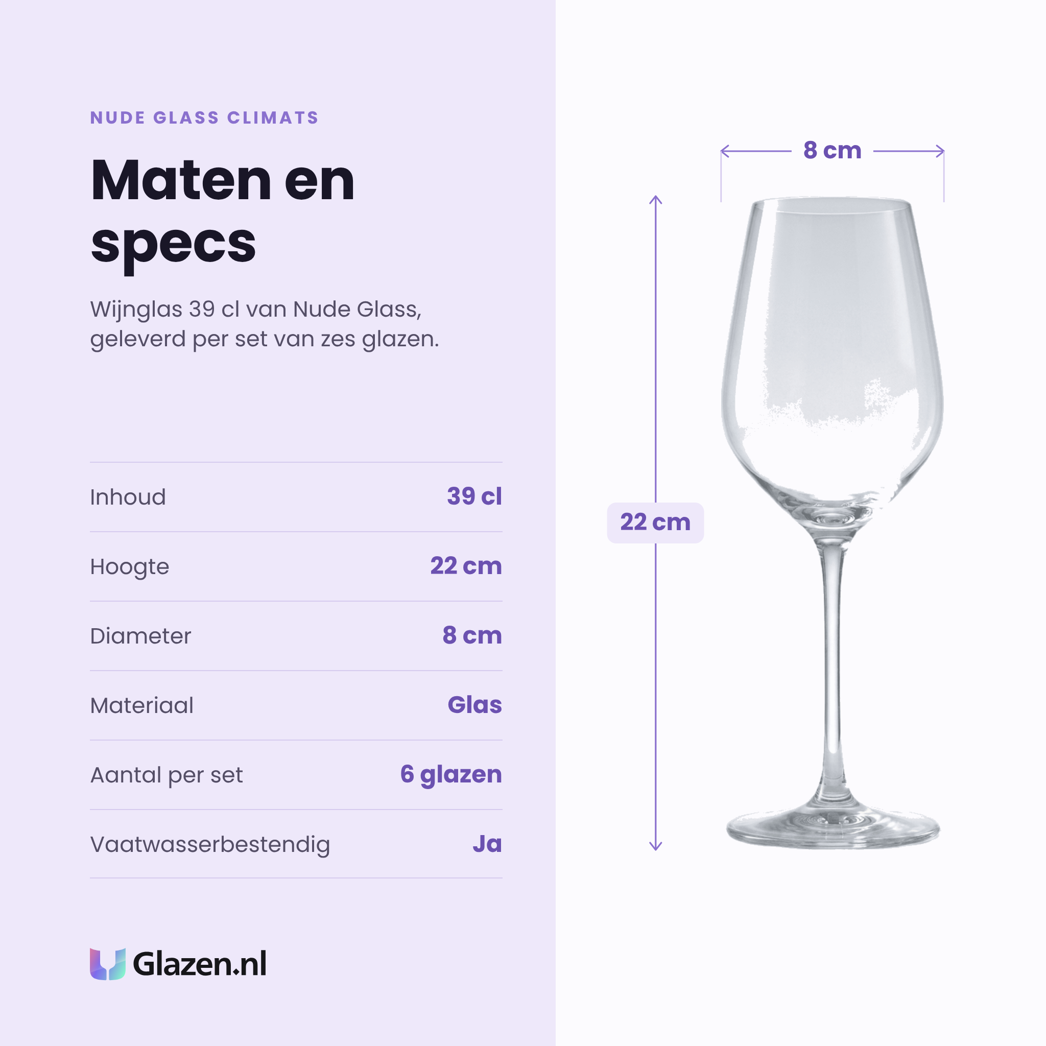 Nude Glass Climats wijnglas 39 cl specificaties: inhoud 39 cl, hoogte 22 cm, diameter 8 cm, glas, set van 6