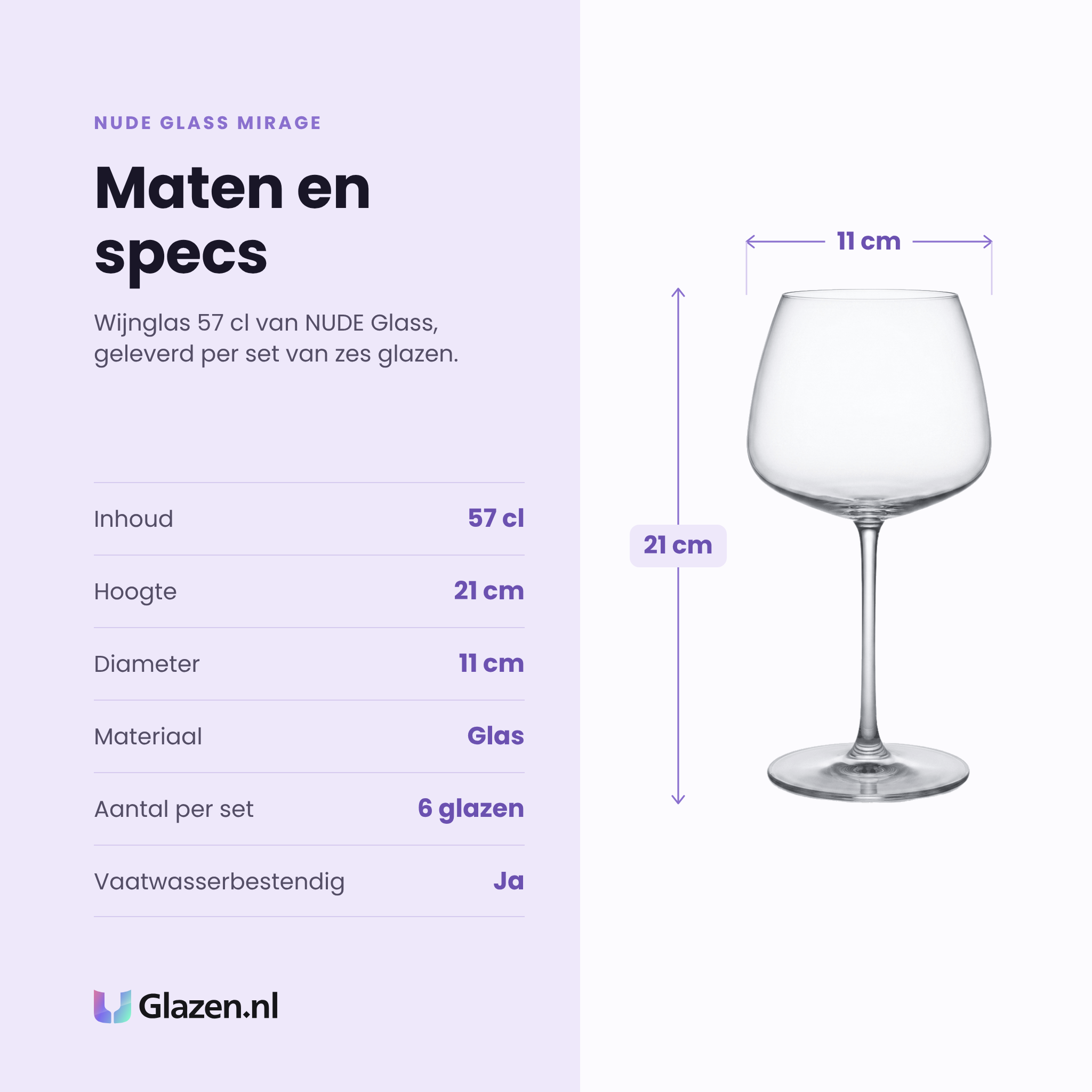NUDE Glass Mirage wijnglas 57 cl specificaties: inhoud 57 cl, hoogte 21 cm, diameter 11 cm, glas, set van 6