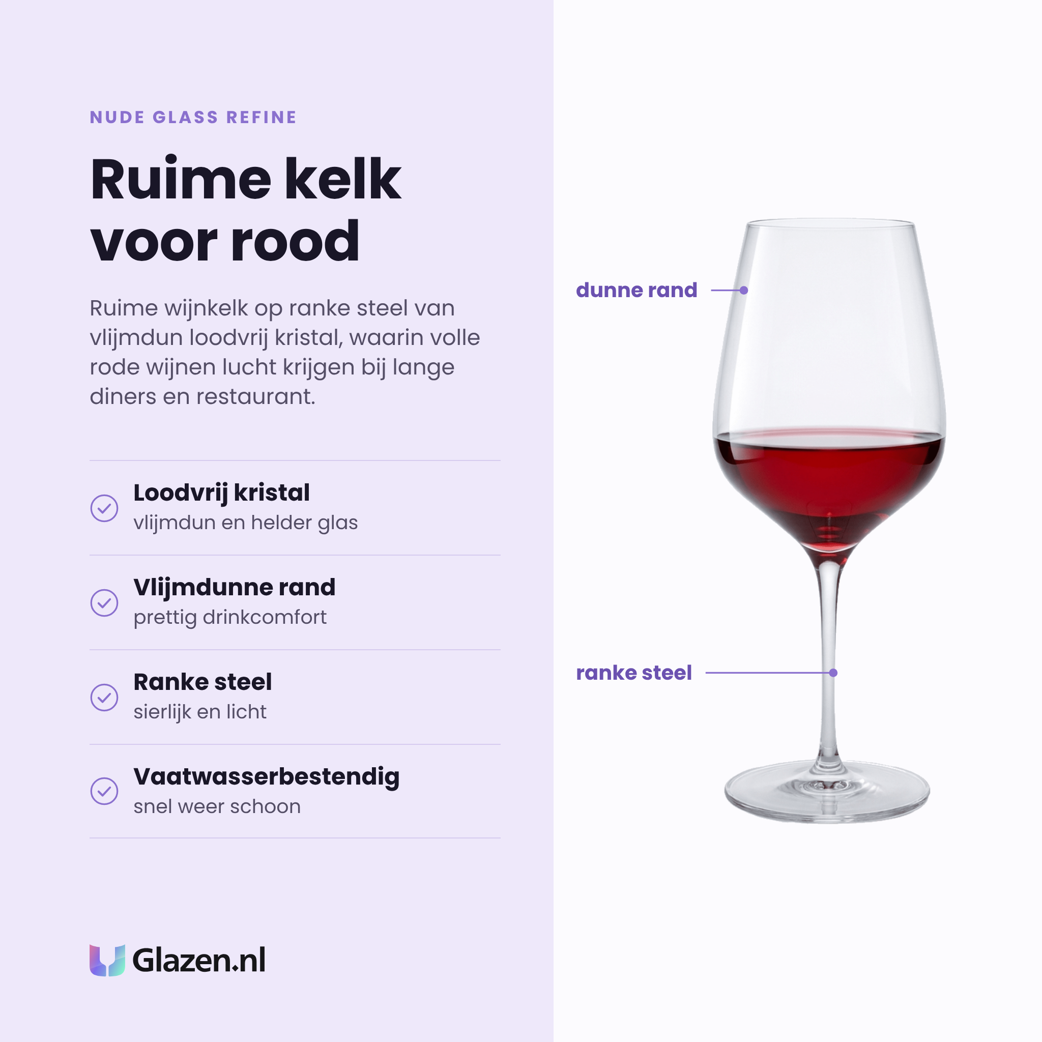 Nude Glass Refine wijnglas 61 cl eigenschappen: loodvrij kristalglas, vlijmdunne rand, ranke steel, vaatwasserbestendig