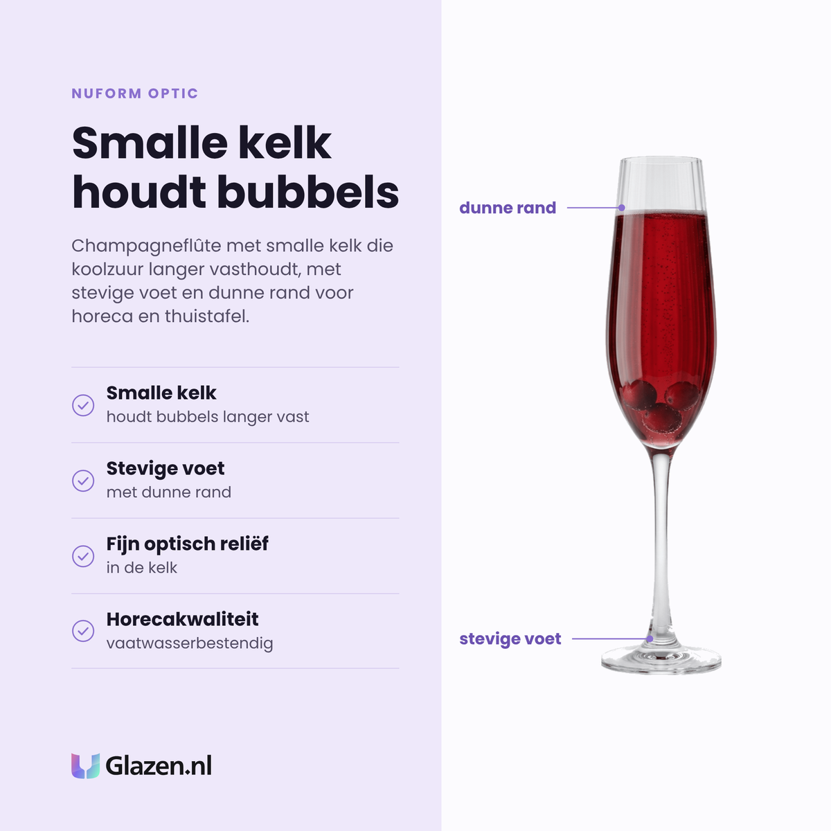 Nuform Optic champagneflute 26 cl eigenschappen: smalle kelk, stevige voet met dunne rand, fijn optisch reliëf, horecakwaliteit vaatwasserbestendig