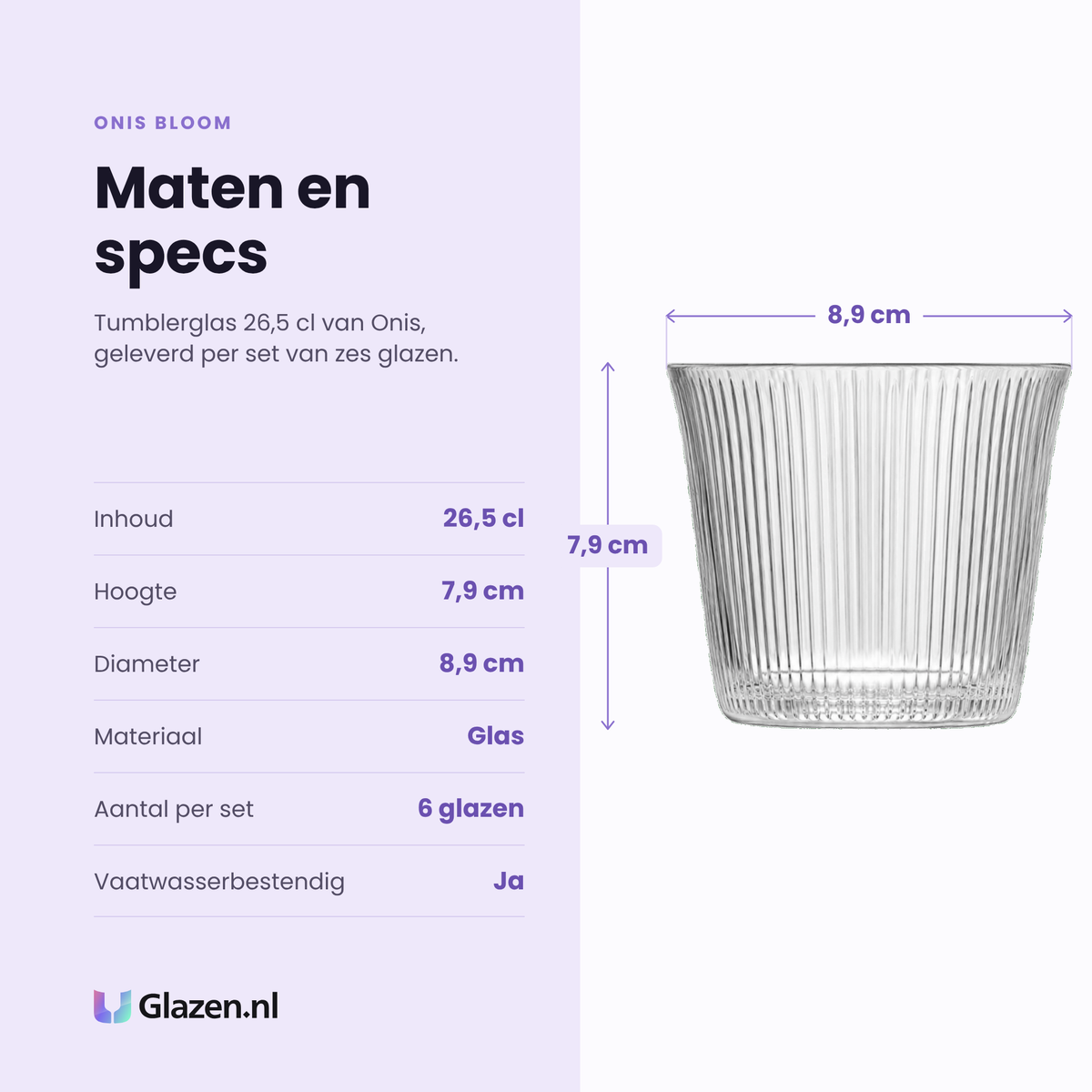Onis Bloom tumblerglas 26,5 cl specificaties: inhoud 26,5 cl, hoogte 7,9 cm, diameter 8,9 cm, glas, set van 6
