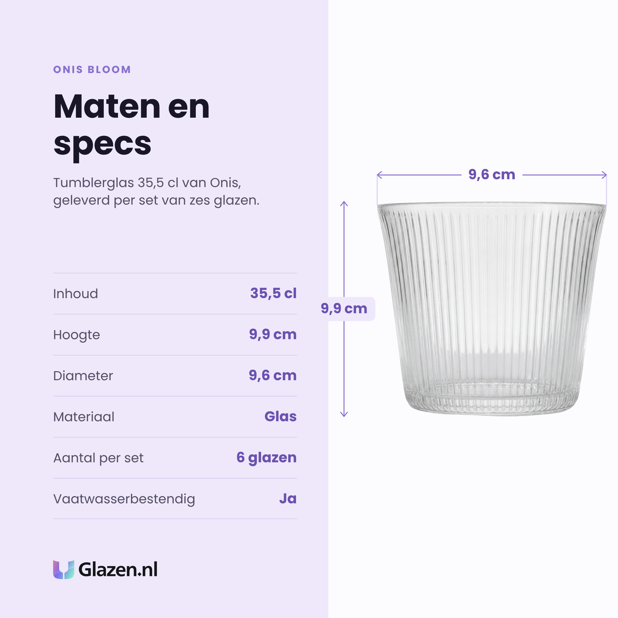 Onis Bloom tumbler 35,5 cl specificaties: inhoud 35,5 cl, hoogte 9,9 cm, diameter 9,6 cm, glas, set van 6