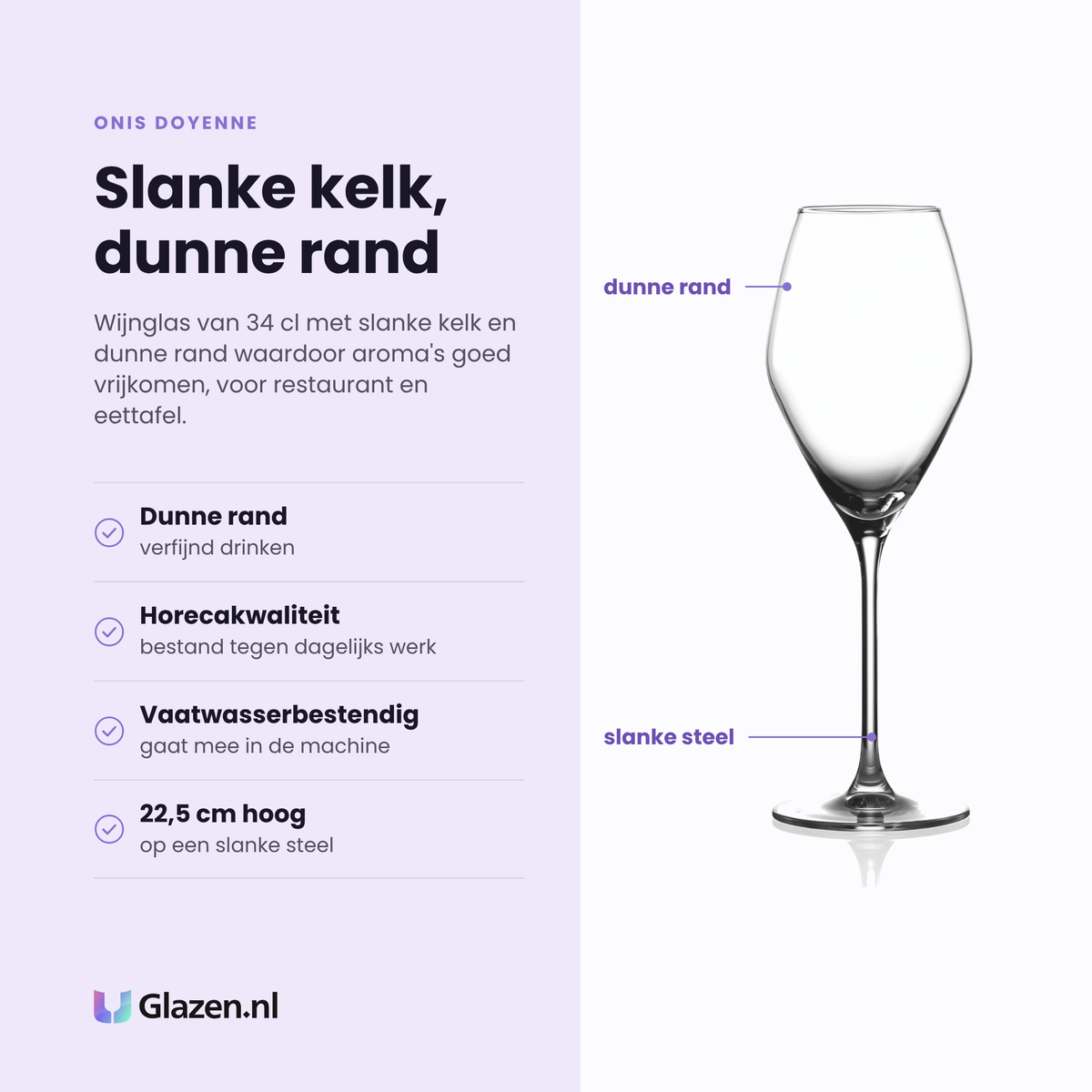 Onis Doyenne wijnglas 34 cl eigenschappen: dunne rand, horecakwaliteit, vaatwasserbestendig, slanke steel