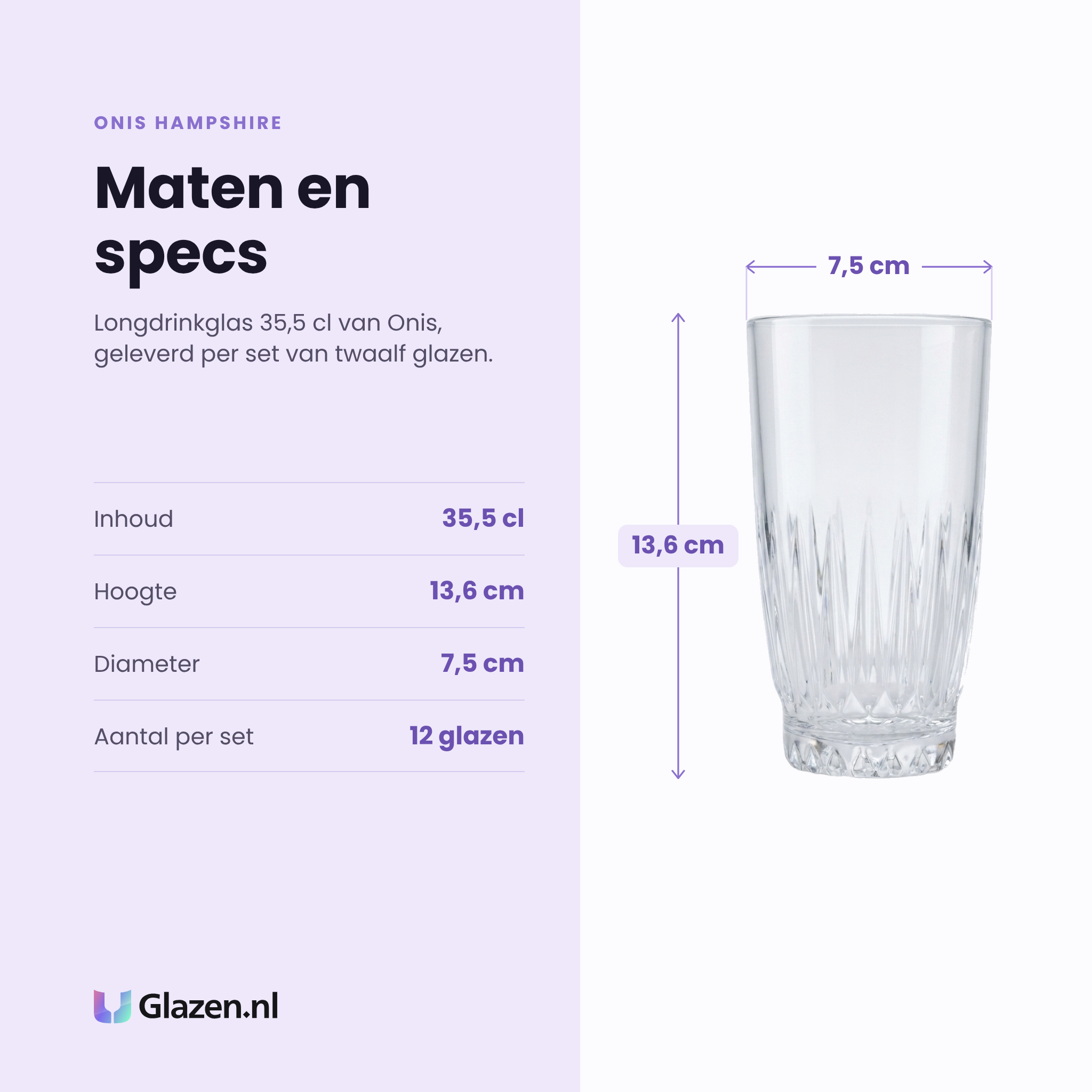 Onis Hampshire longdrinkglas 35,5 cl specificaties: inhoud 35,5 cl, hoogte 13,6 cm, diameter 7,5 cm, set van 12