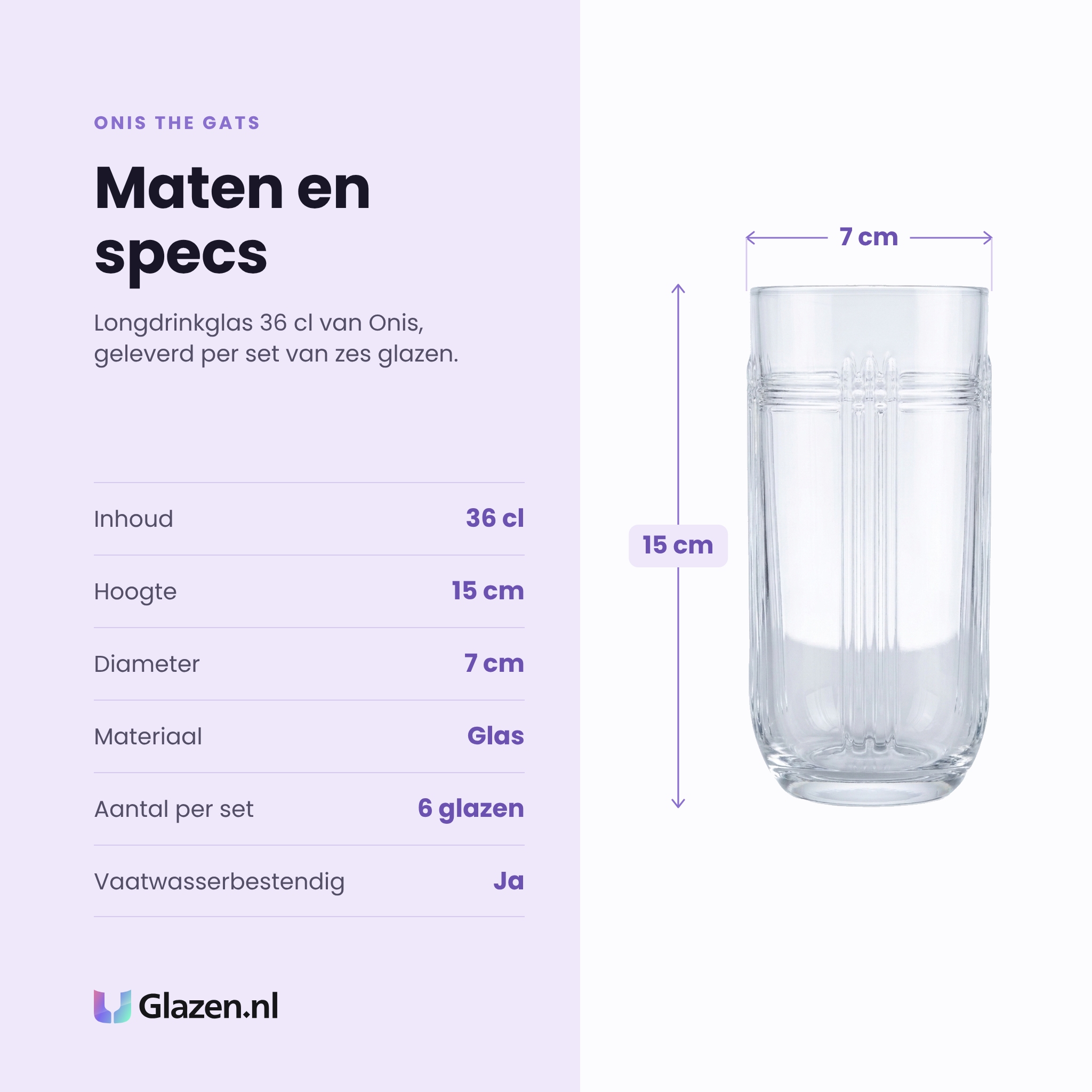 Onis The Gats longdrinkglas 36 cl specificaties: inhoud 36 cl, hoogte 15 cm, diameter 7 cm, glas, set van 6
