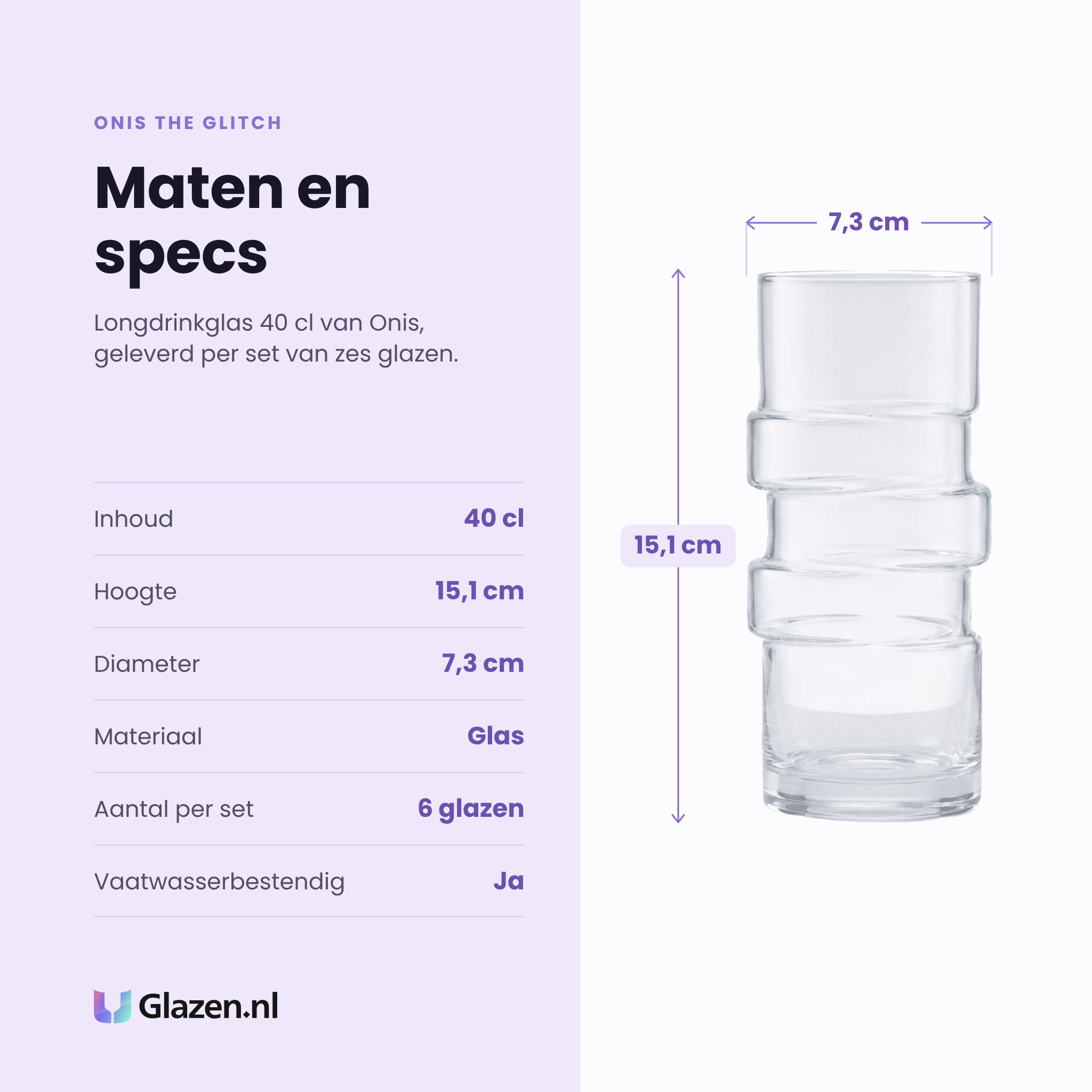 Onis The Glitch longdrinkglas 40 cl specificaties: inhoud 40 cl, hoogte 15,1 cm, diameter 7,3 cm, glas, set van 6