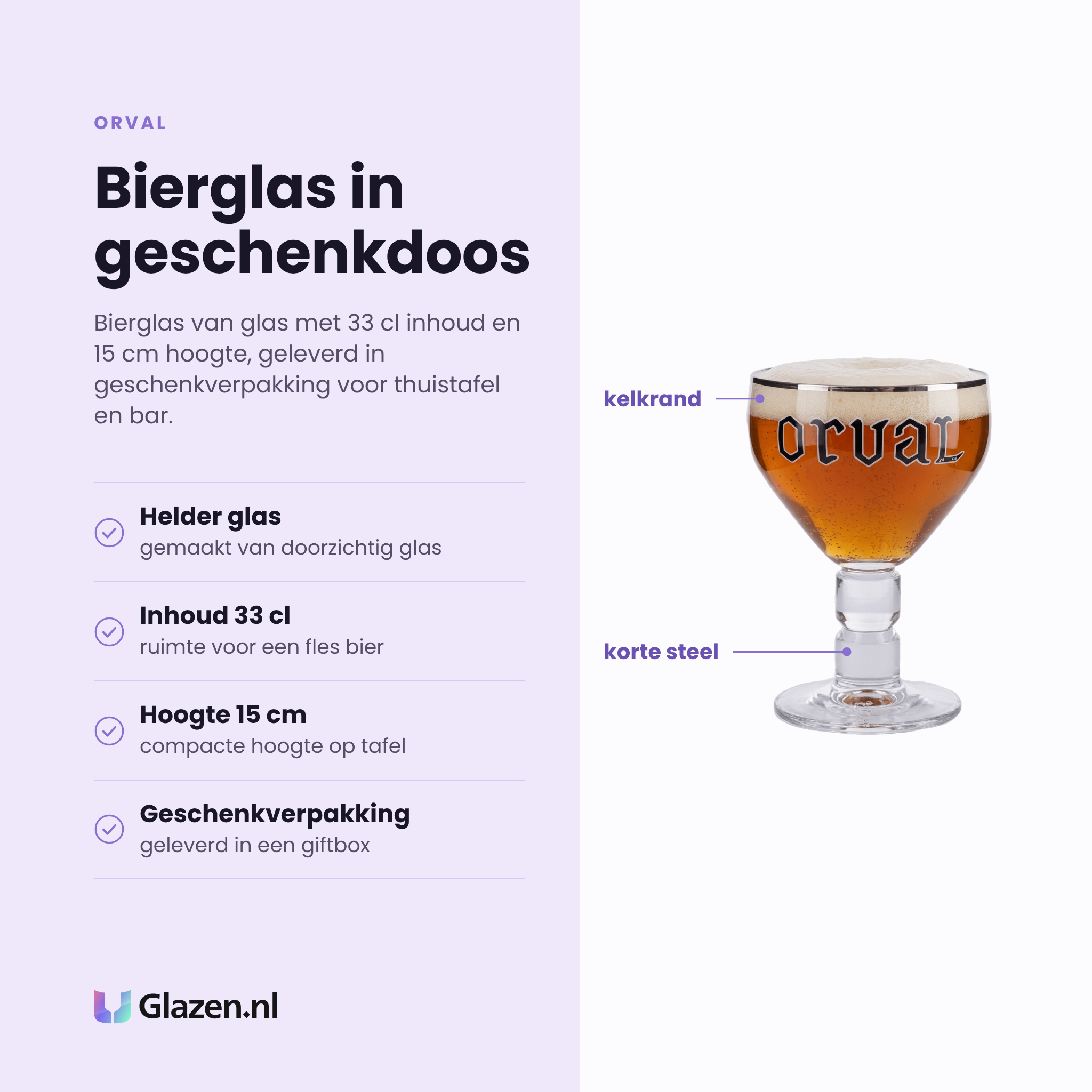 Orval bierglas 33 cl eigenschappen: helder glas, inhoud 33 cl, hoogte 15 cm, geleverd in geschenkverpakking