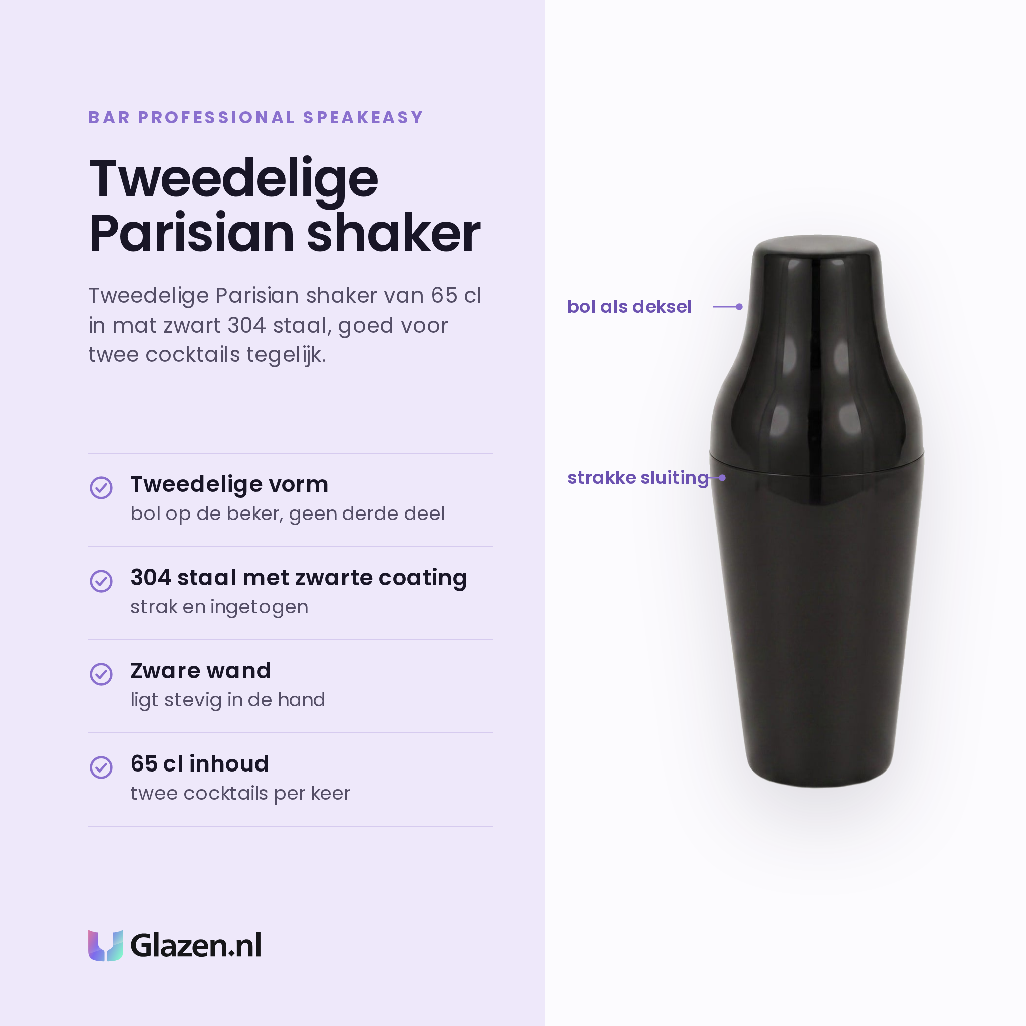 Bar Professional Speakeasy Parisian shaker zwart 65 cl eigenschappen: tweedelige vorm, 304 staal met zwarte coating, zware wand