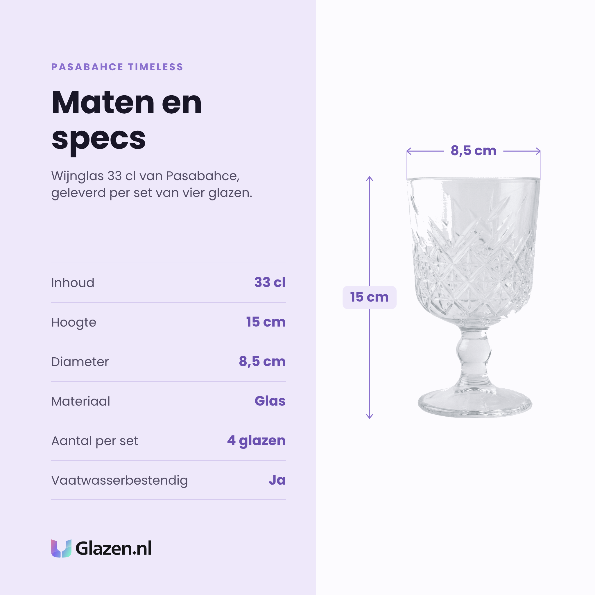 Pasabahce Timeless wijnglas 33 cl specificaties: inhoud 33 cl, hoogte 15 cm, diameter 8,5 cm, glas, set van 4
