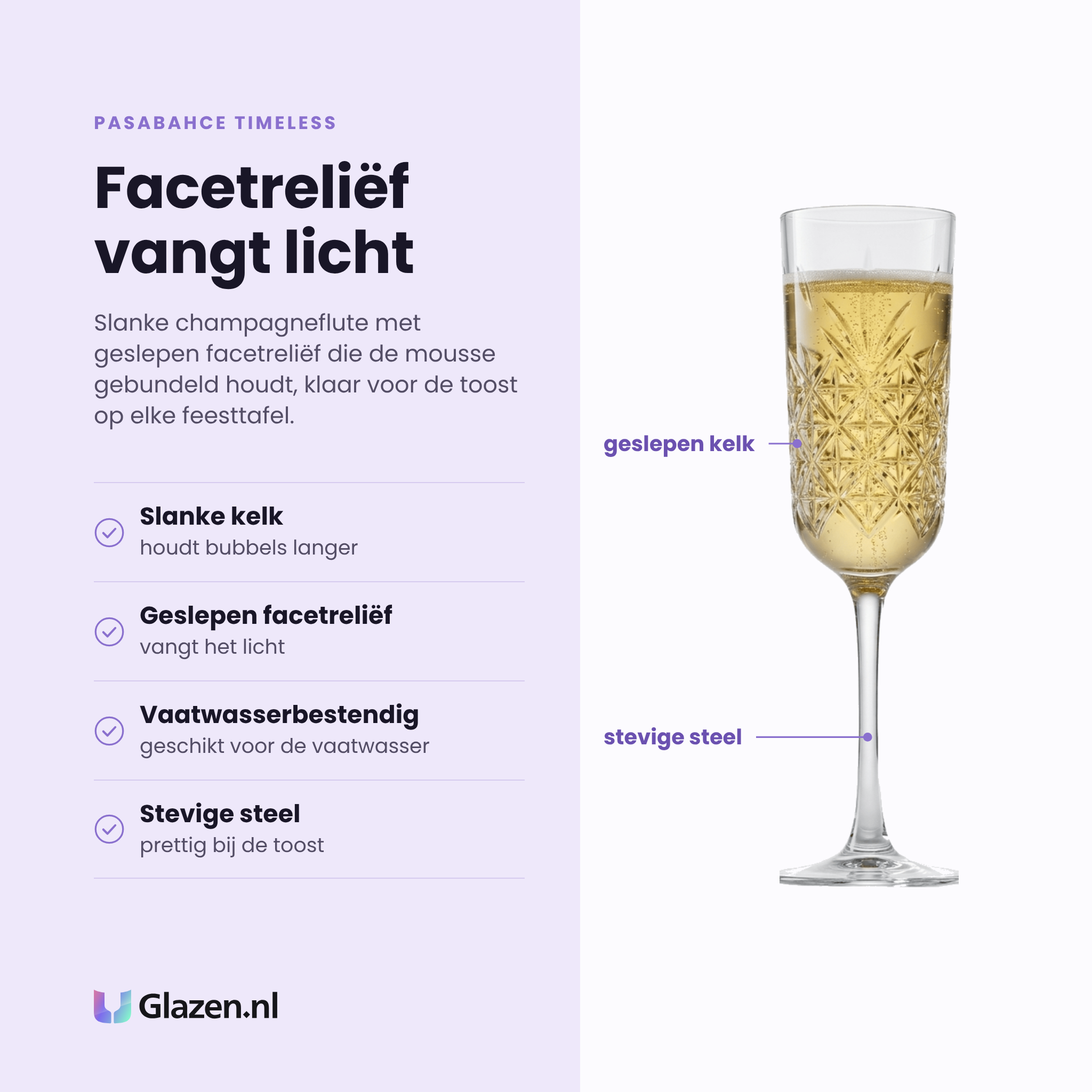 Pasabahce Timeless champagneflute 17,5 cl eigenschappen: slanke kelk, geslepen facetreliëf, vaatwasserbestendig, stevige steel