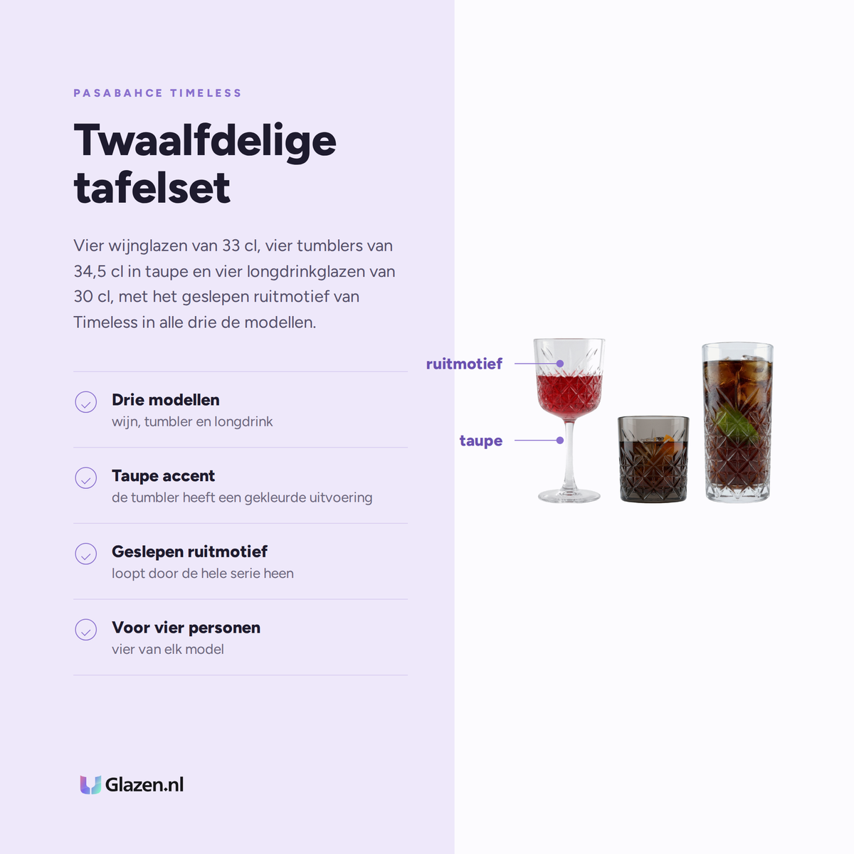 Eigenschappen van Pasabahce Timeless Tafelset 12-Delig (Wijn, Tumbler & Longdrink)