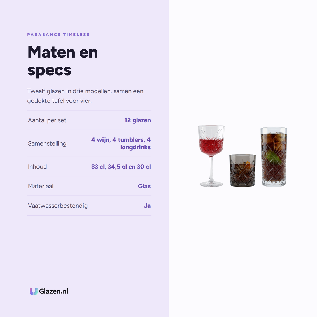 Maten en specs van Pasabahce Timeless Tafelset 12-Delig (Wijn, Tumbler & Longdrink)