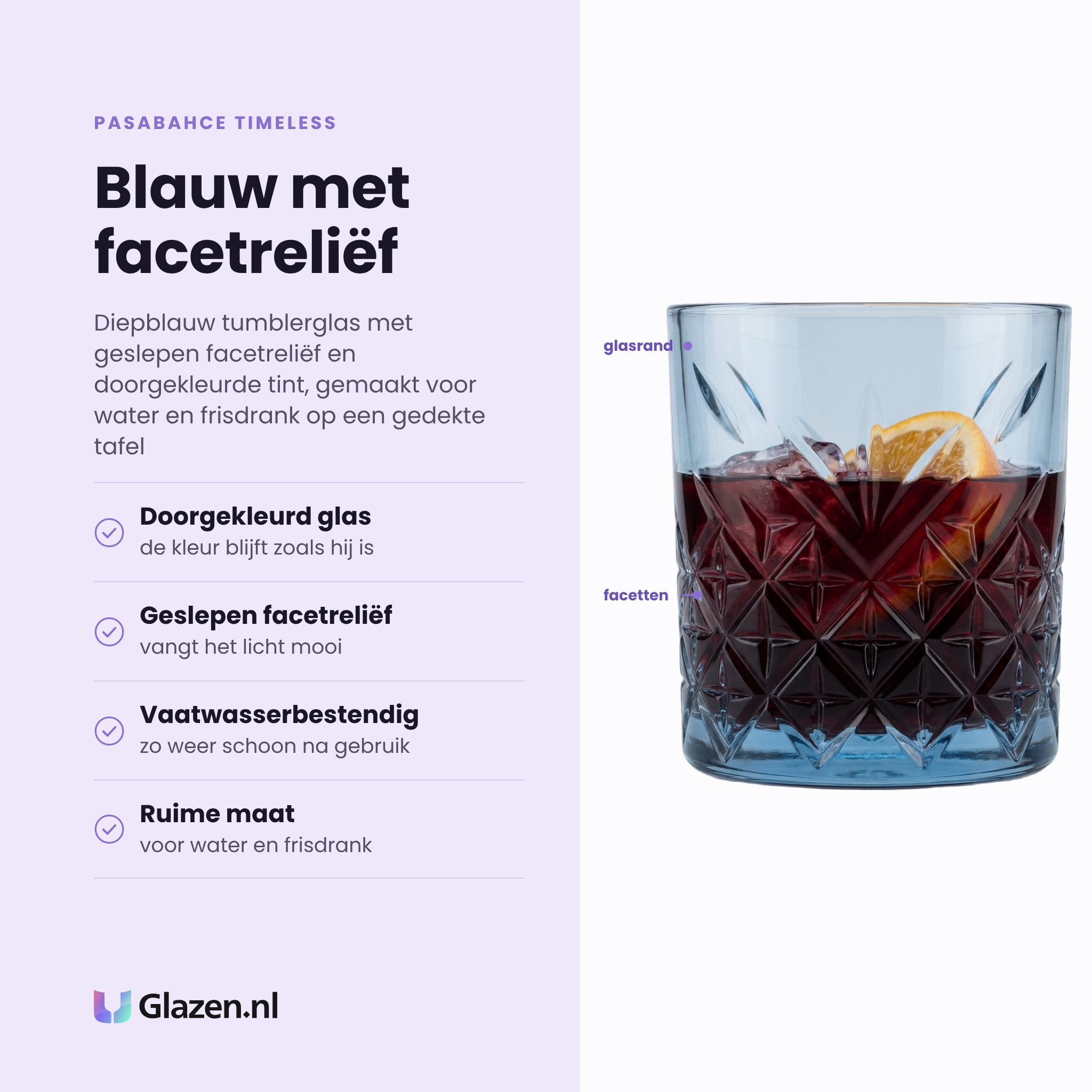 Pasabahce Timeless tumbler 34,5 cl eigenschappen: doorgekleurd glas, geslepen facetreliëf, vaatwasserbestendig, ruime maat