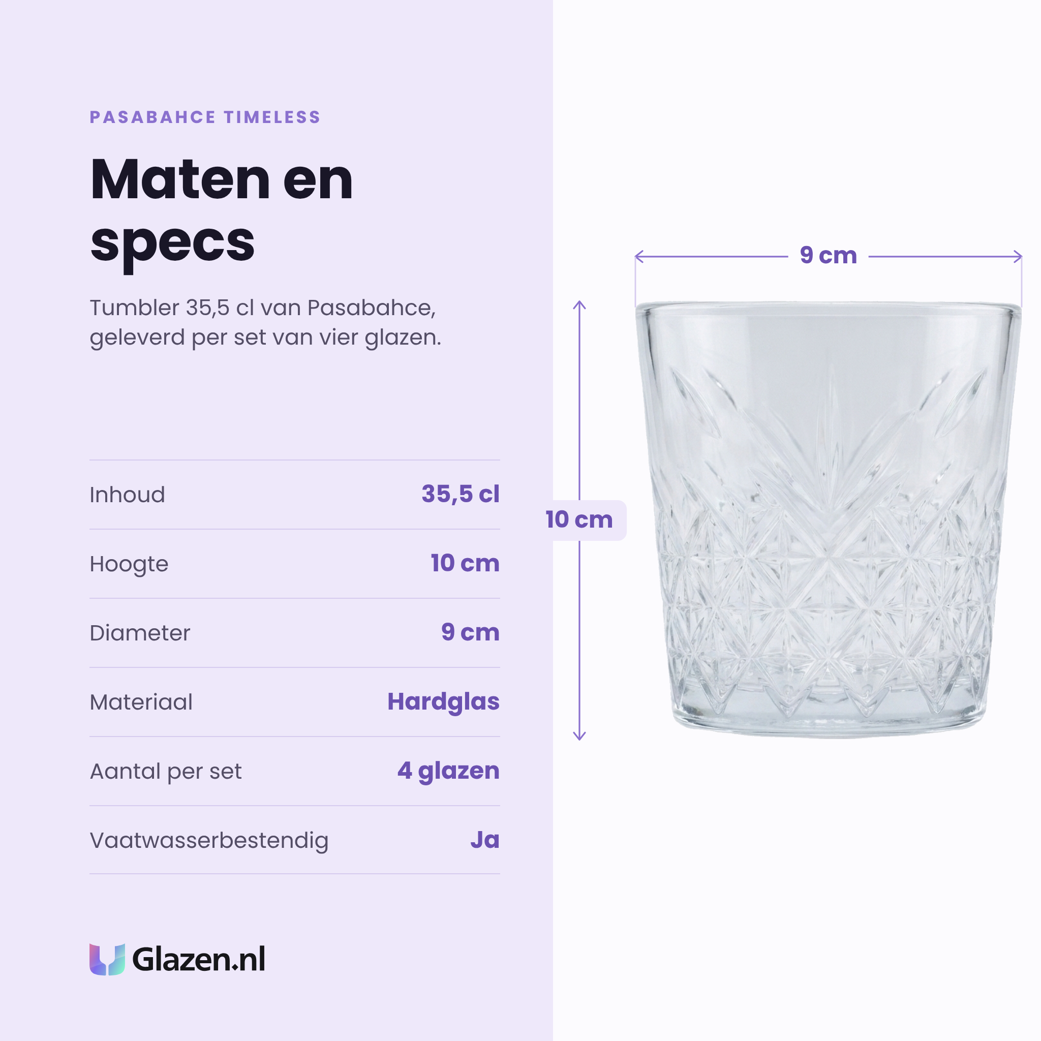 Pasabahce Timeless tumbler 35,5 cl stapelbaar specificaties: inhoud 35,5 cl, hoogte 10 cm, diameter 9 cm, hardglas, set van 4