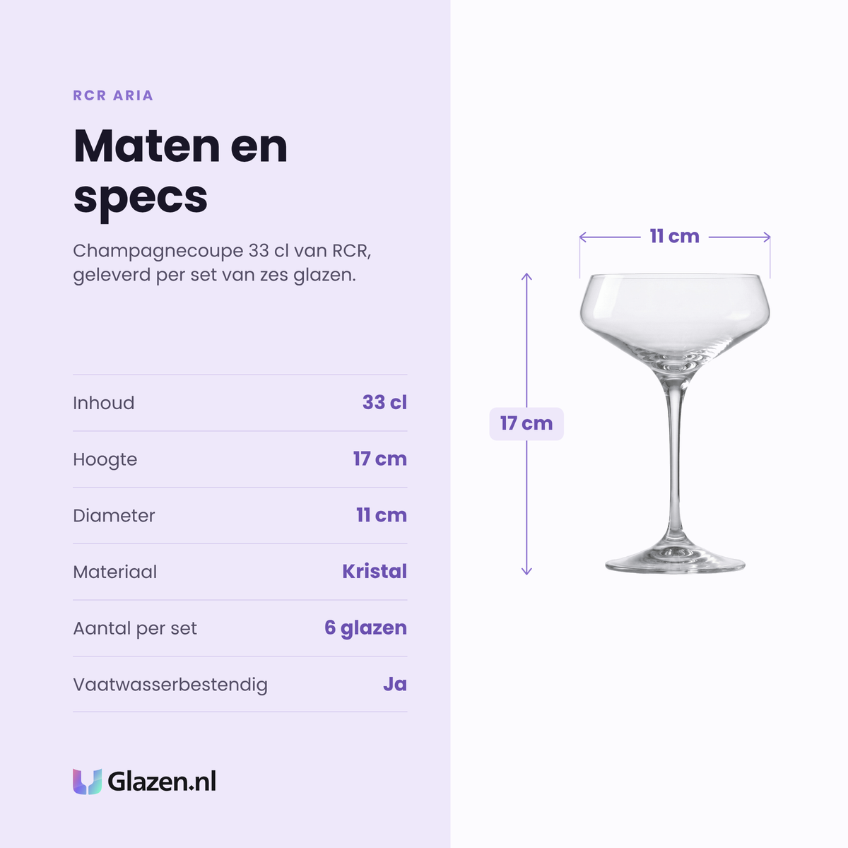 RCR Aria champagnecoupe 33 cl specificaties: inhoud 33 cl, hoogte 17 cm, diameter 11 cm, kristal, set van 6