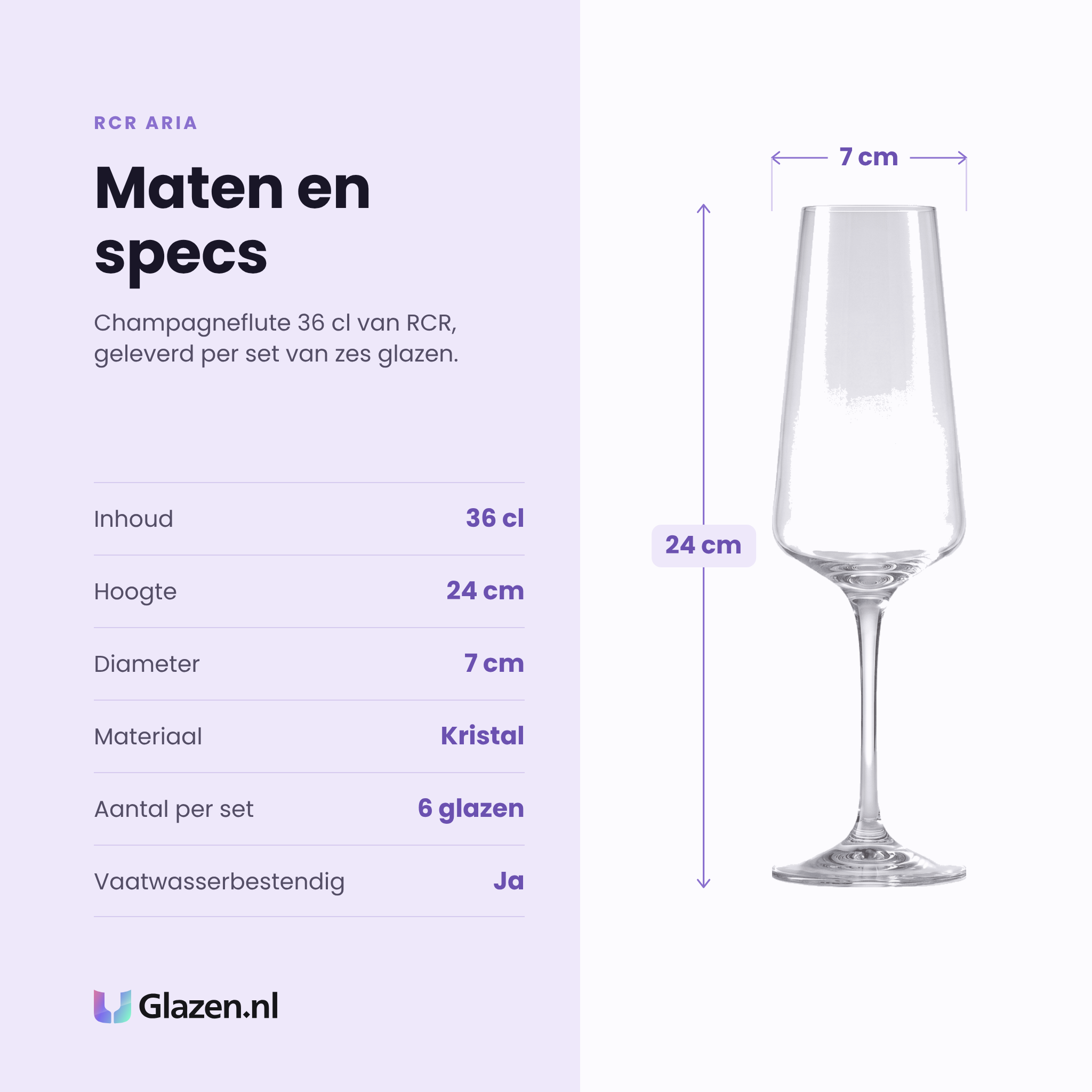 RCR Aria champagneflute 36 cl specificaties: inhoud 36 cl, hoogte 24 cm, diameter 7 cm, kristal, set van 6