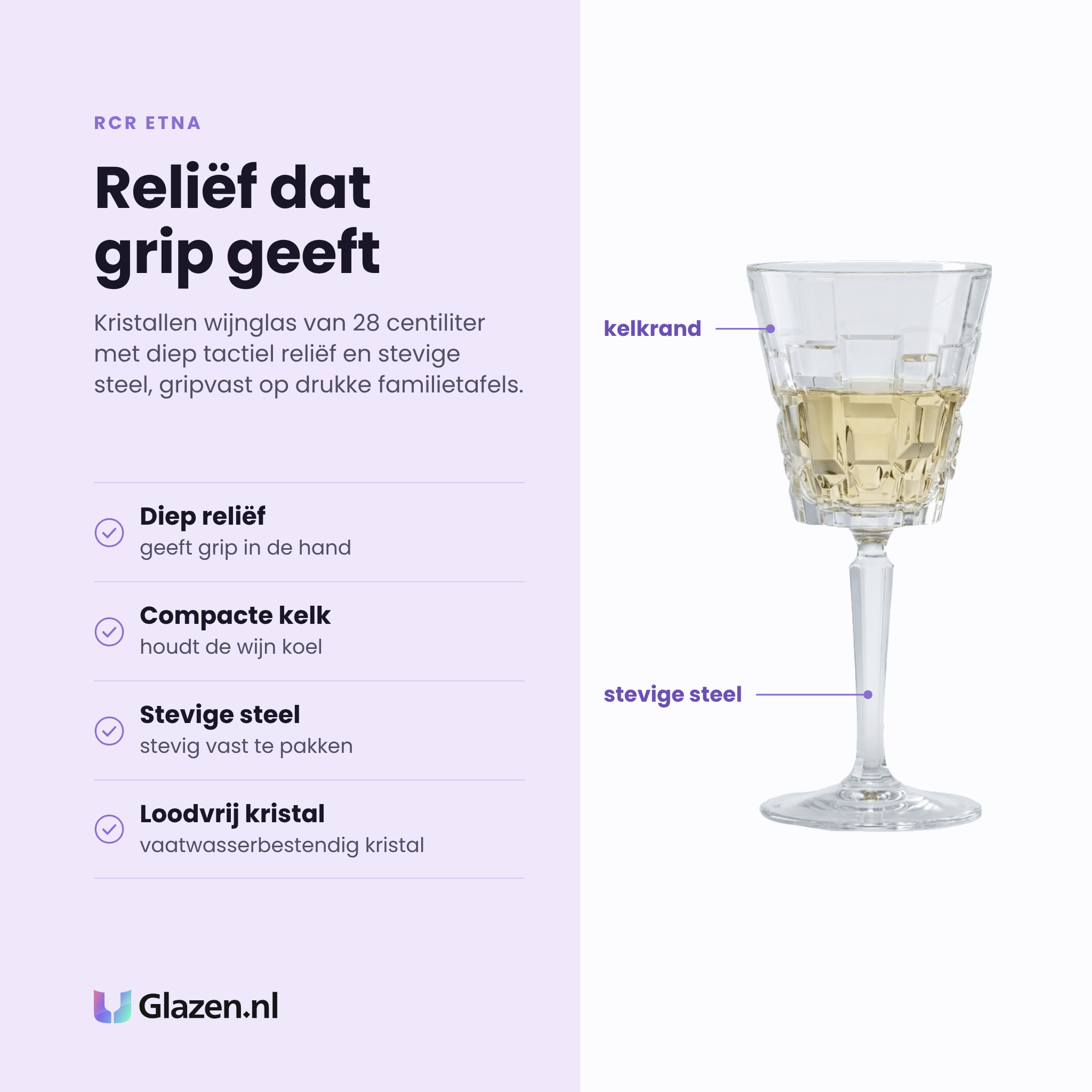 RCR Etna wijnglas 28 cl eigenschappen: diep reliëf, compacte kelk, stevige steel, loodvrij vaatwasserbestendig kristal
