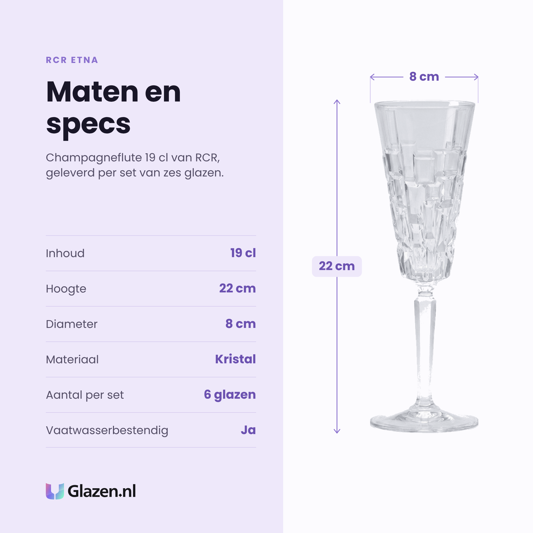 RCR Etna champagneflute 19 cl specificaties: inhoud 19 cl, hoogte 22 cm, diameter 8 cm, kristal, set van 6