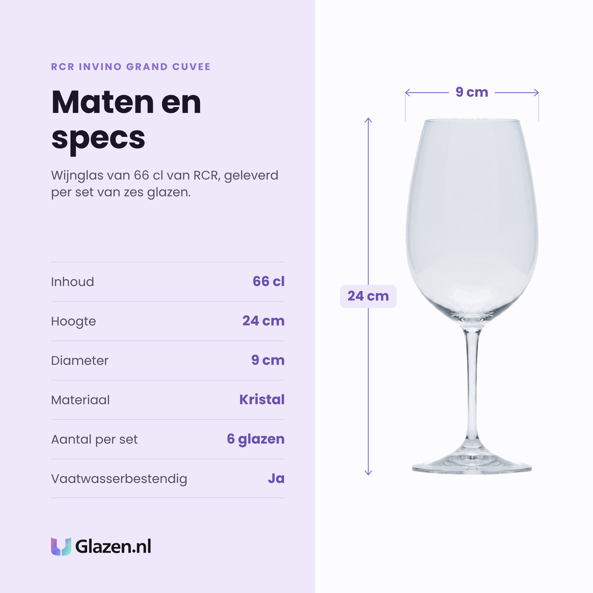 RCR Invino Grand Cuvee wijnglas 66 cl specificaties: inhoud 66 cl, hoogte 24 cm, diameter 9 cm, kristal, set van 6