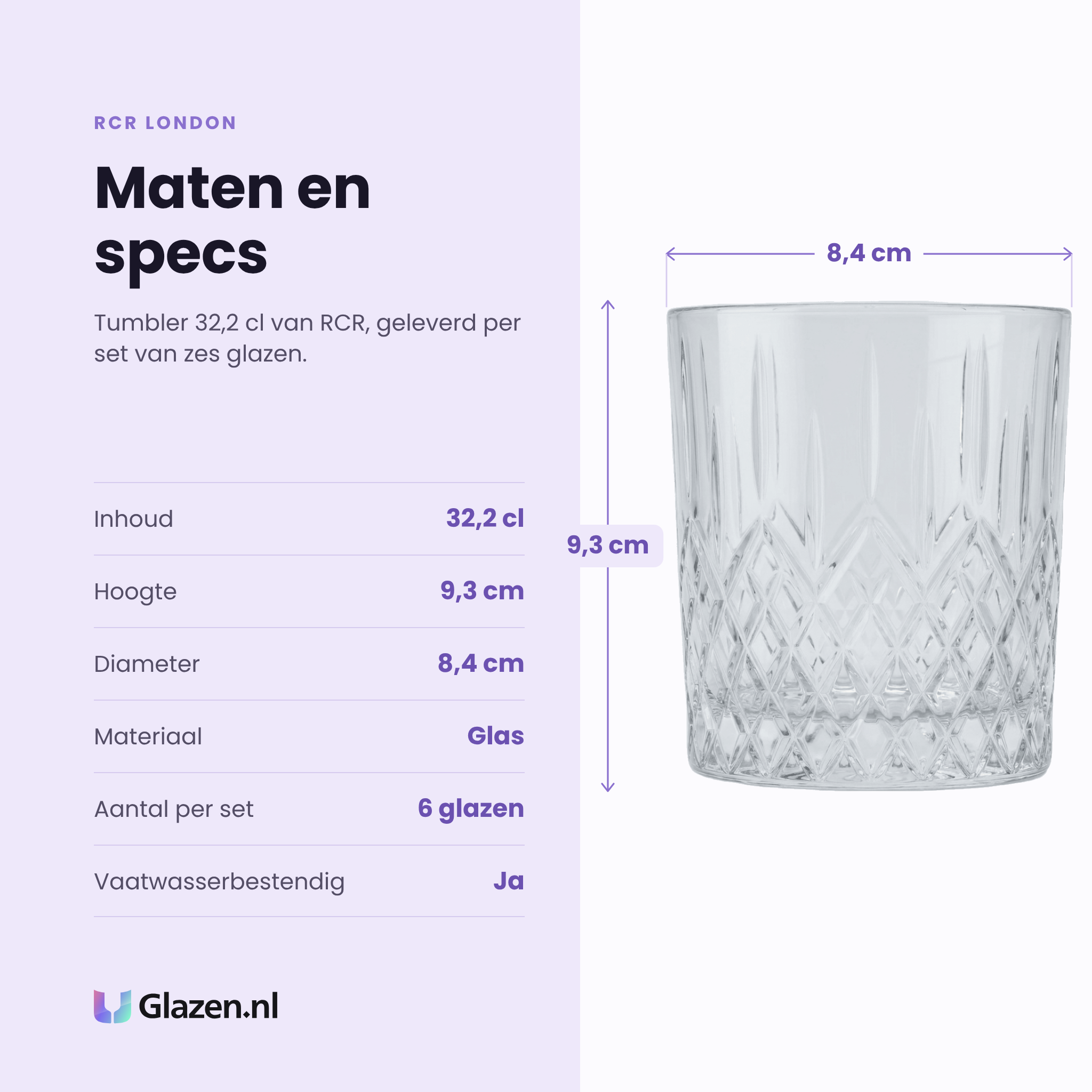 RCR London tumbler DOF 32,2 cl specificaties: inhoud 32,2 cl, hoogte 9,3 cm, diameter 8,4 cm, glas, set van 6