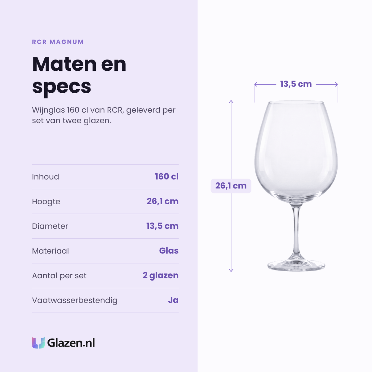 RCR Magnum wijnglas 160 cl specificaties: inhoud 160 cl, hoogte 26,1 cm, diameter 13,5 cm, glas, set van 2