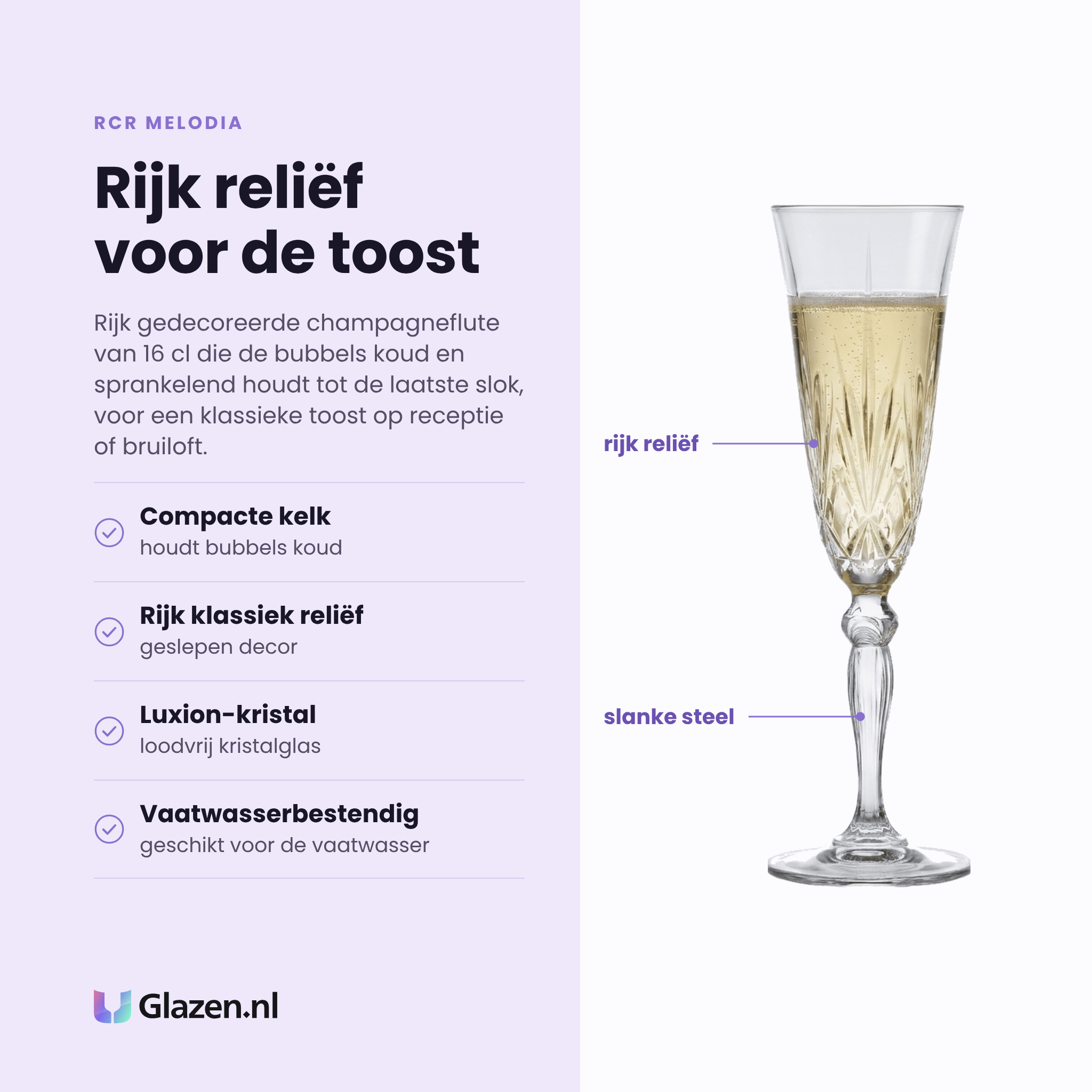 RCR Melodia champagneflute 16 cl eigenschappen: compacte kelk, rijk klassiek reliëf, loodvrij Luxion-kristal, vaatwasserbestendig