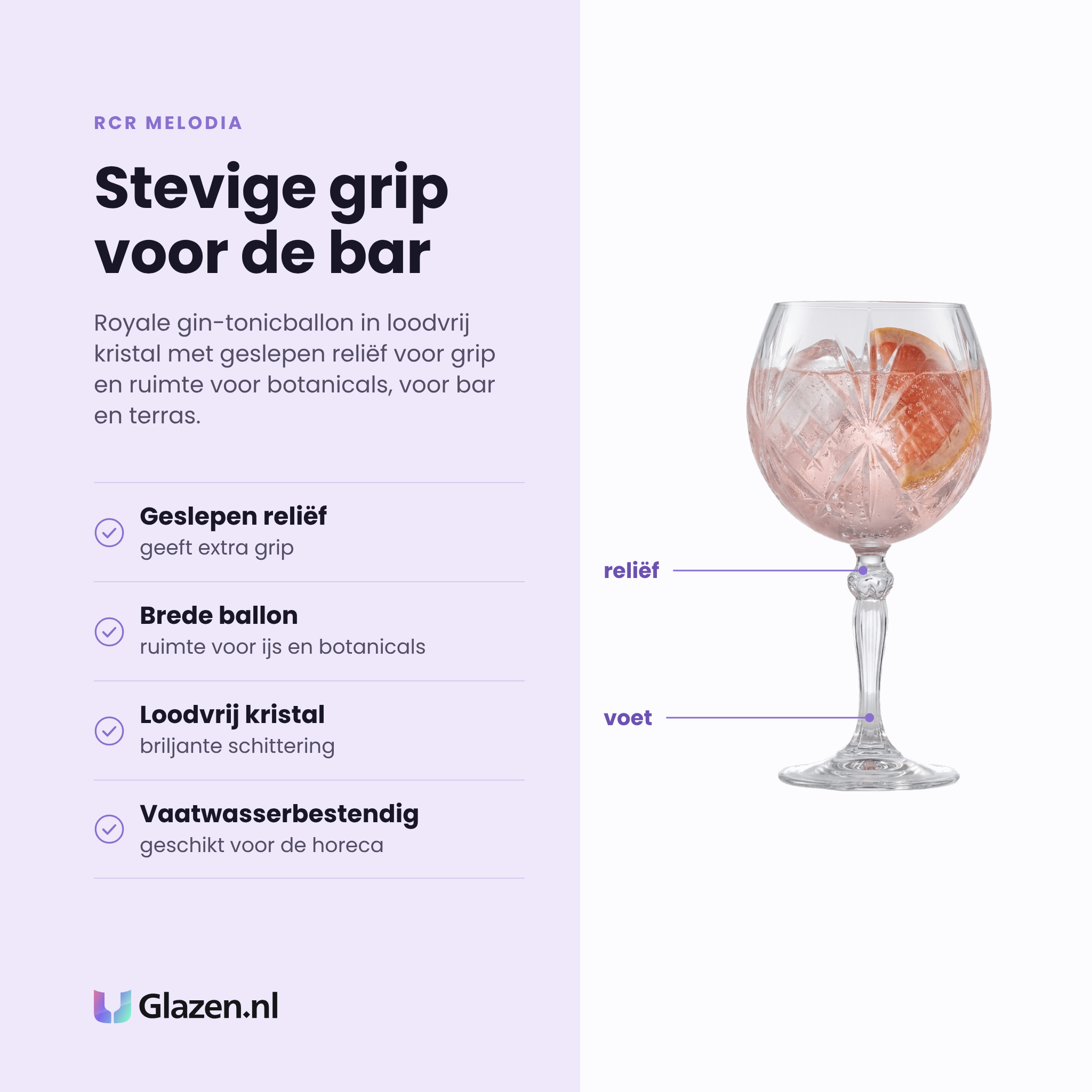 RCR Melodia gin tonic glas 65 cl eigenschappen: geslepen reliëf voor grip, brede ballon voor ijs, loodvrij kristal, vaatwasserbestendig