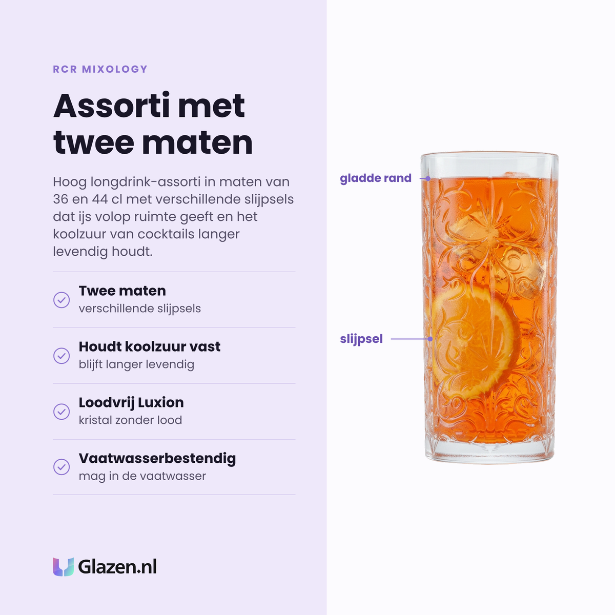 RCR Mixology longdrinkglas 36 cl eigenschappen: twee maten, verschillende slijpsels, loodvrij Luxion-kristal, vaatwasserbestendig