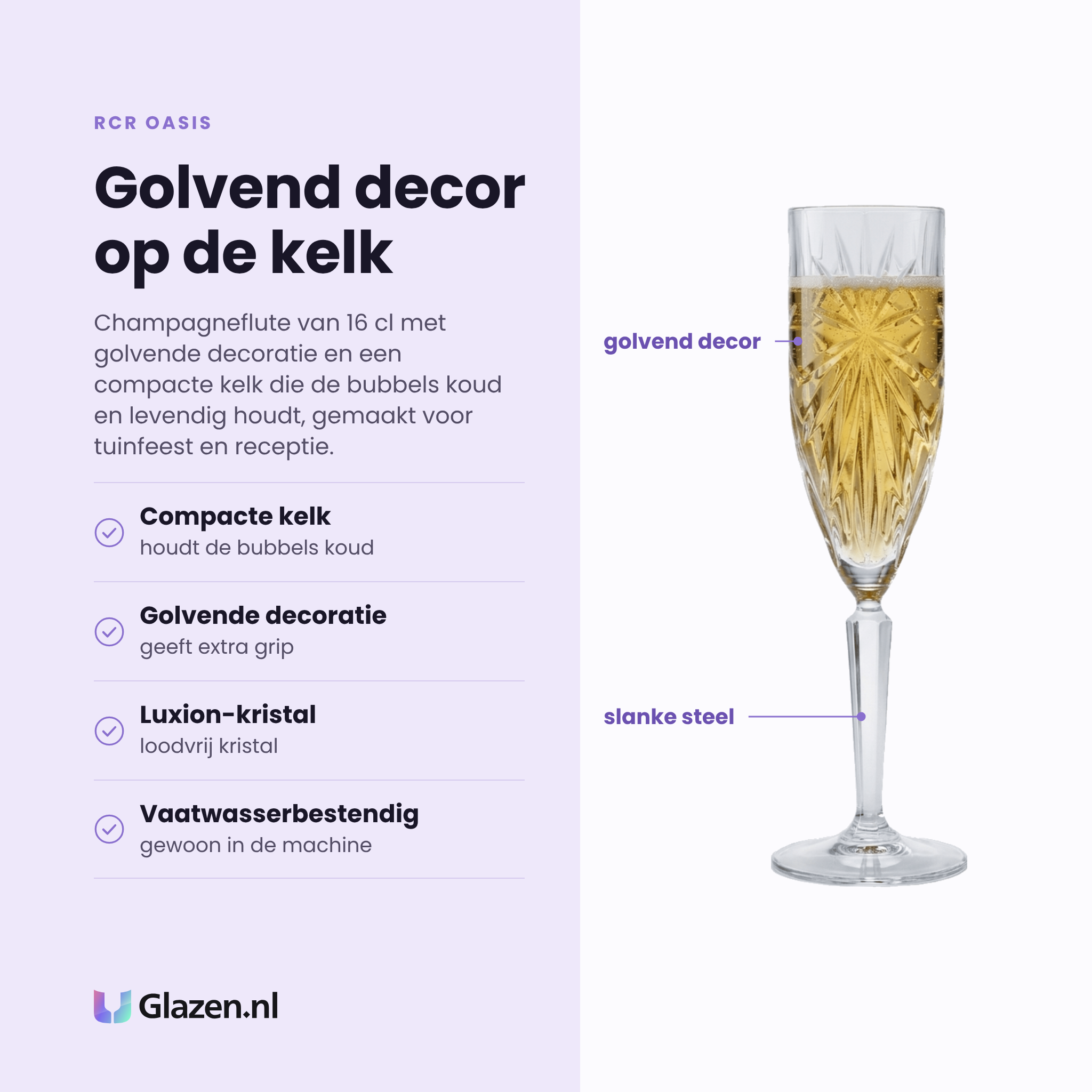 RCR Oasis champagneflute 16 cl eigenschappen: loodvrij Luxion-kristal, golvende decoratie, compacte kelk houdt de bubbels koud, vaatwasserbestendig