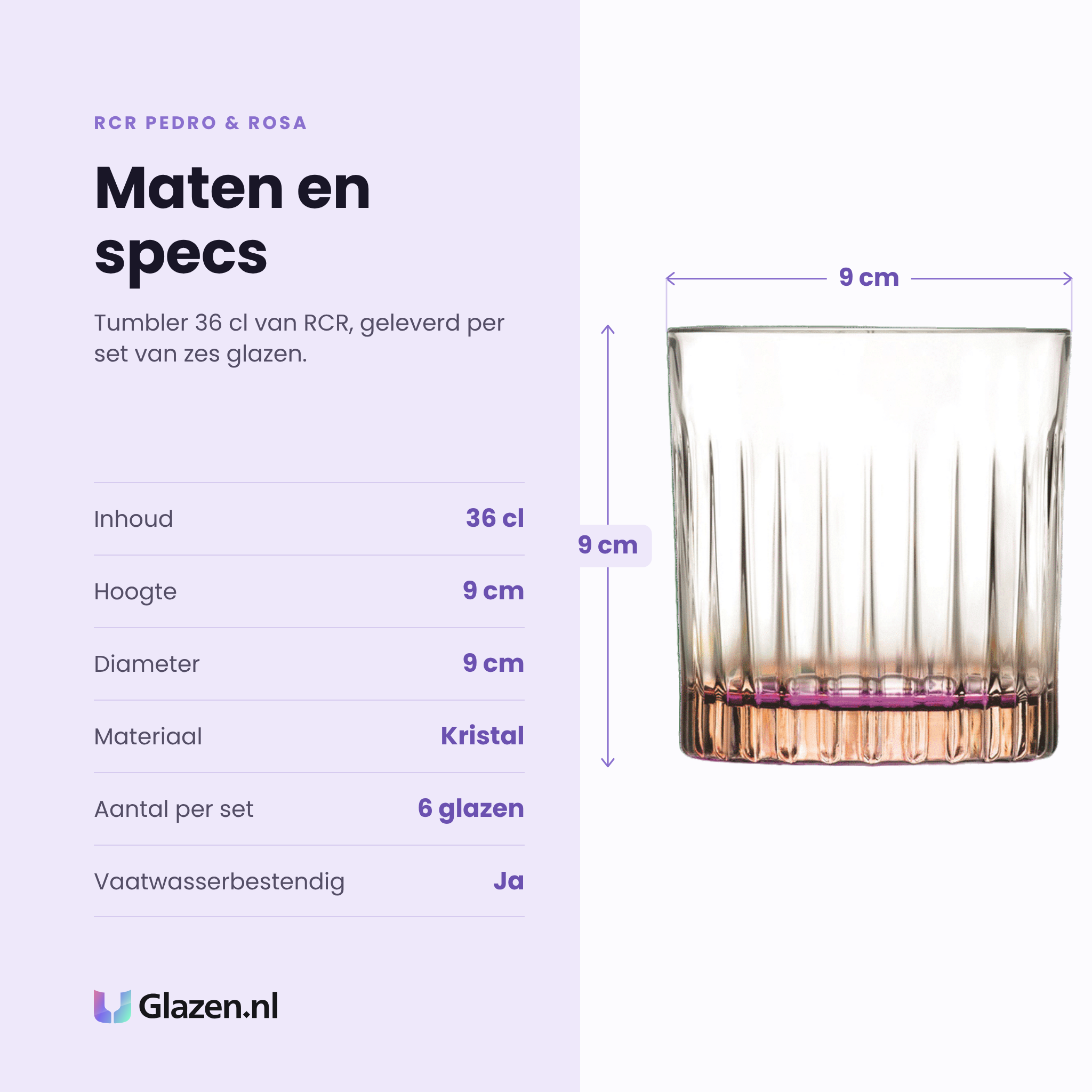RCR Pedro & Rosa tumbler 36 cl specificaties: inhoud 36 cl, hoogte 9 cm, diameter 9 cm, kristal, set van 6