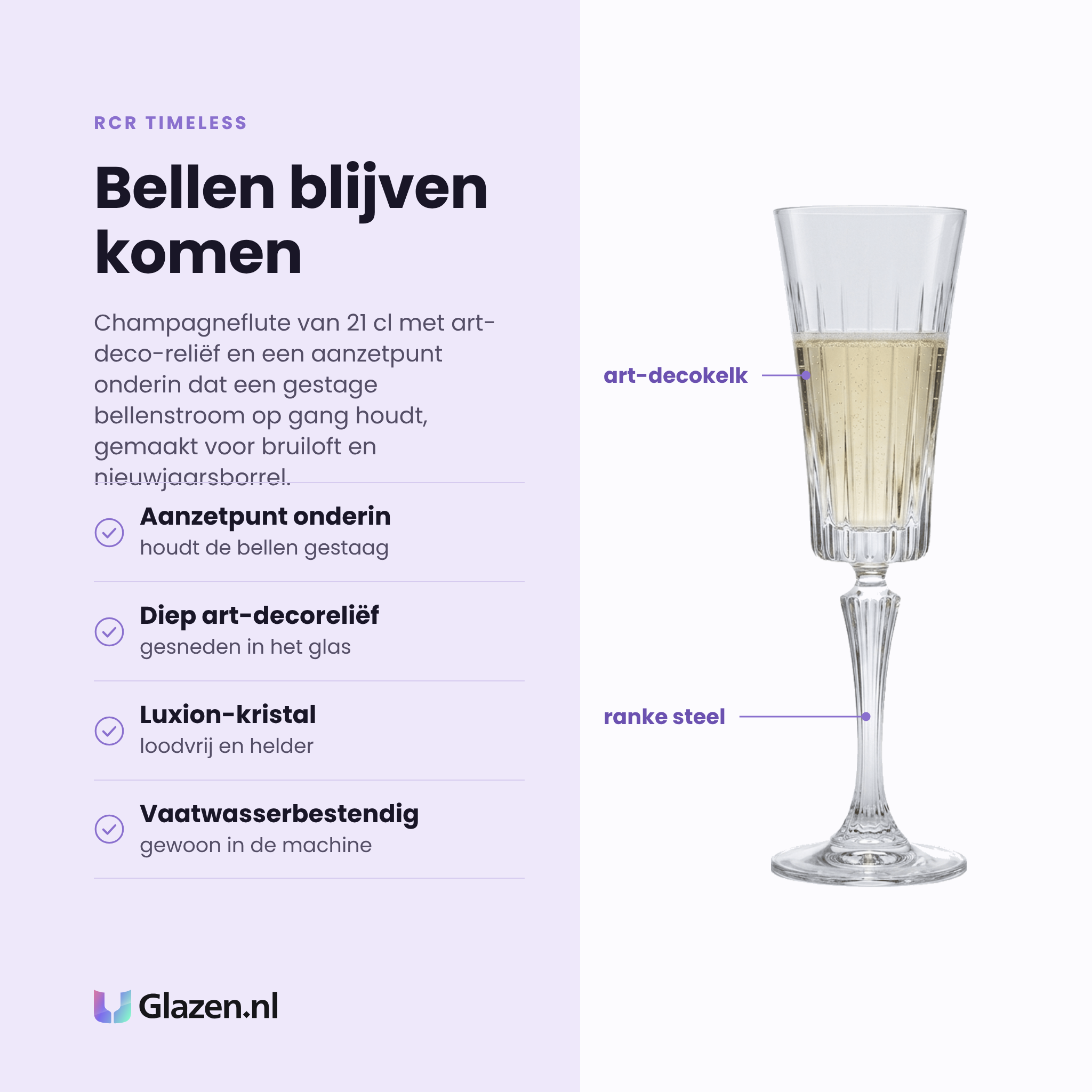 RCR Timeless champagneflute 21 cl eigenschappen: aanzetpunt voor gestage bellen, diep gesneden art-decoreliëf, loodvrij Luxion-kristal, vaatwasserbestendig