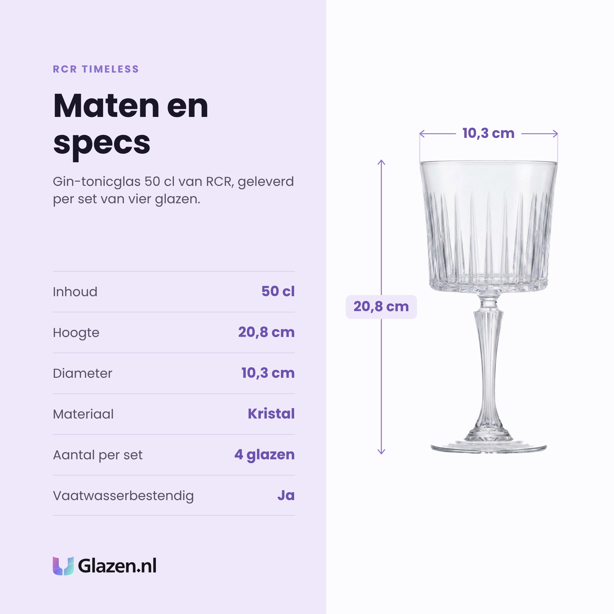RCR Timeless gin-tonicglas 50 cl specificaties: inhoud 50 cl, hoogte 20,8 cm, diameter 10,3 cm, kristal, set van 4