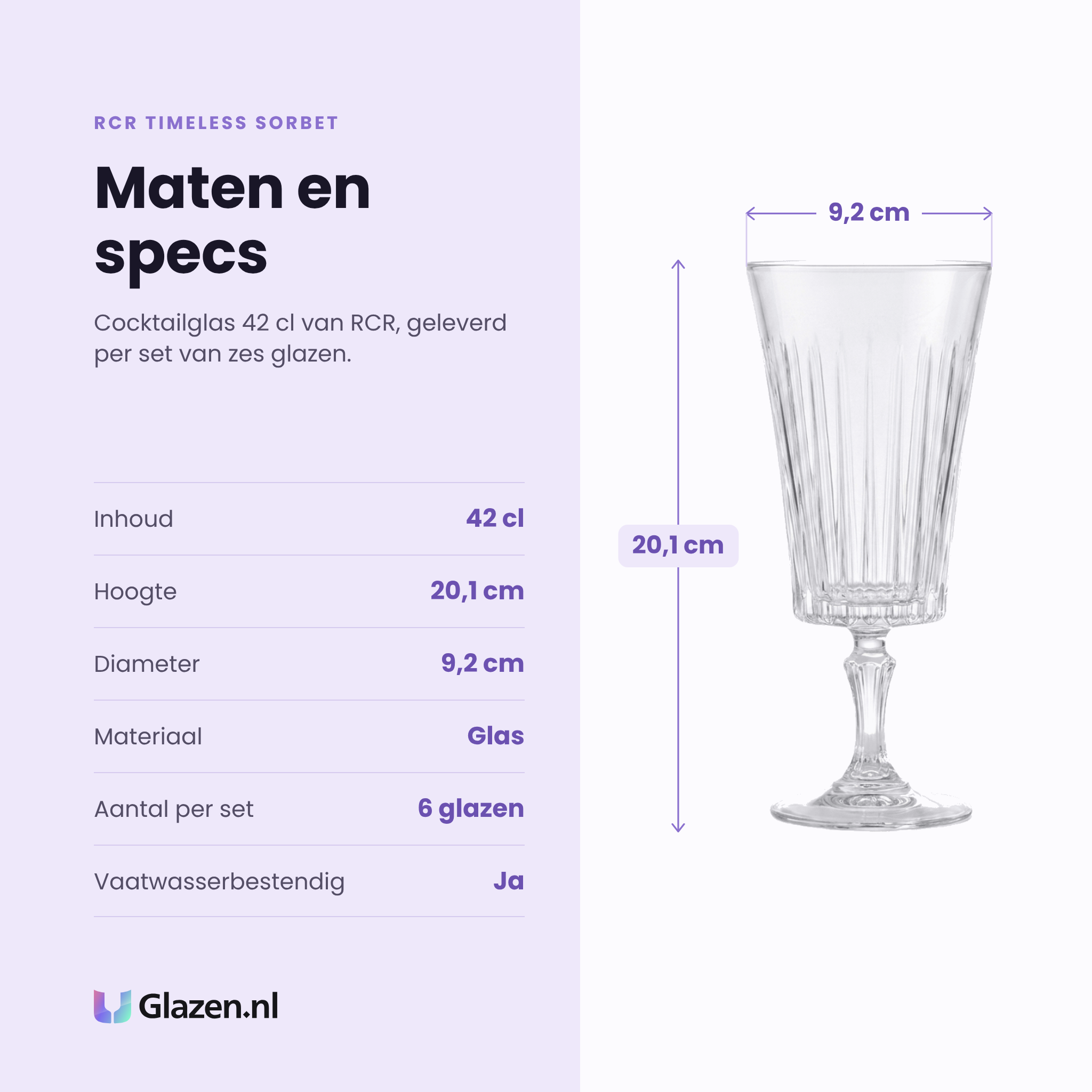 RCR Timeless Sorbet cocktailglas 42 cl specificaties: inhoud 42 cl, hoogte 20,1 cm, diameter 9,2 cm, glas, set van 6