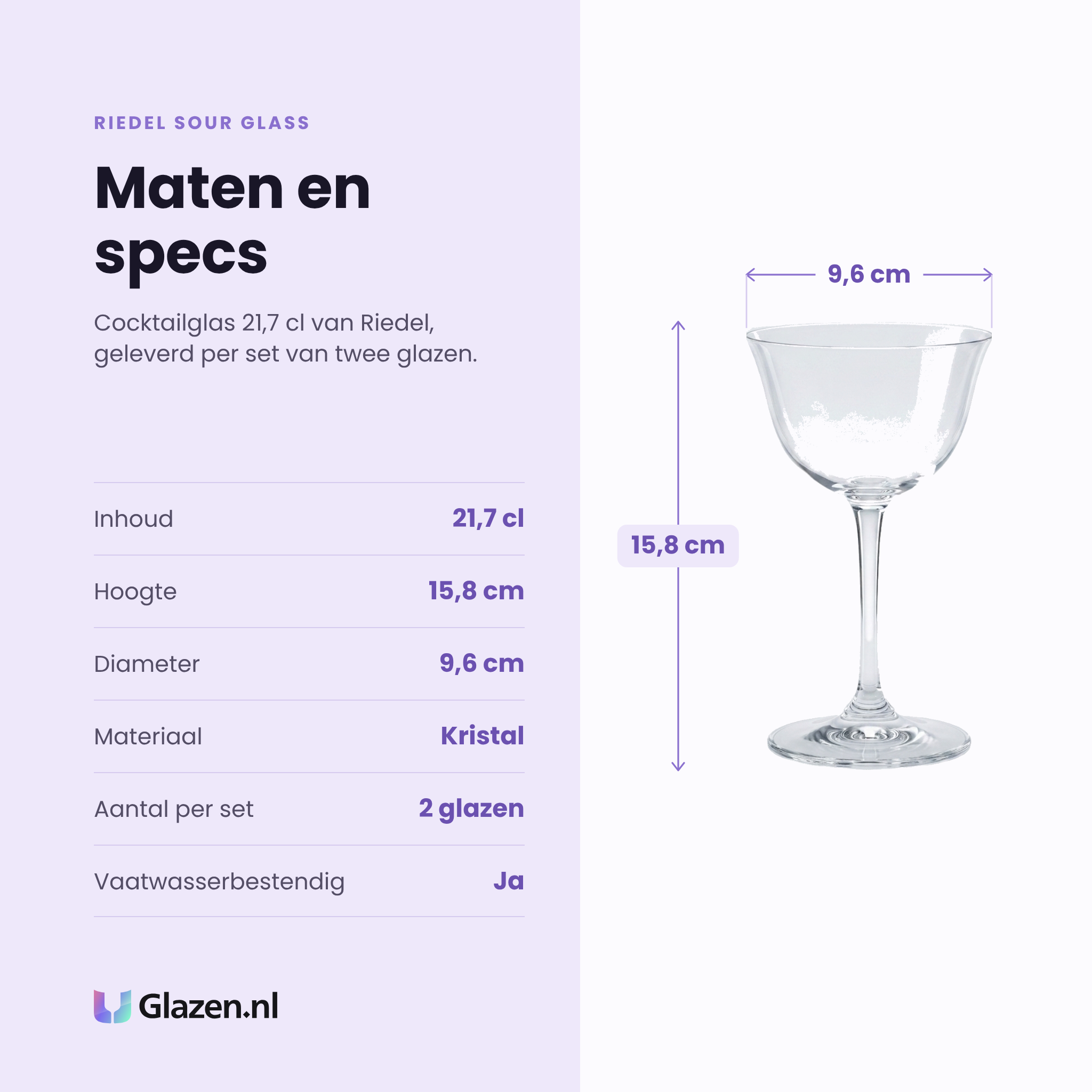 Riedel Sour Glass cocktailglas 21,7 cl specificaties: inhoud 21,7 cl, hoogte 15,8 cm, diameter 9,6 cm, kristal, set van 2