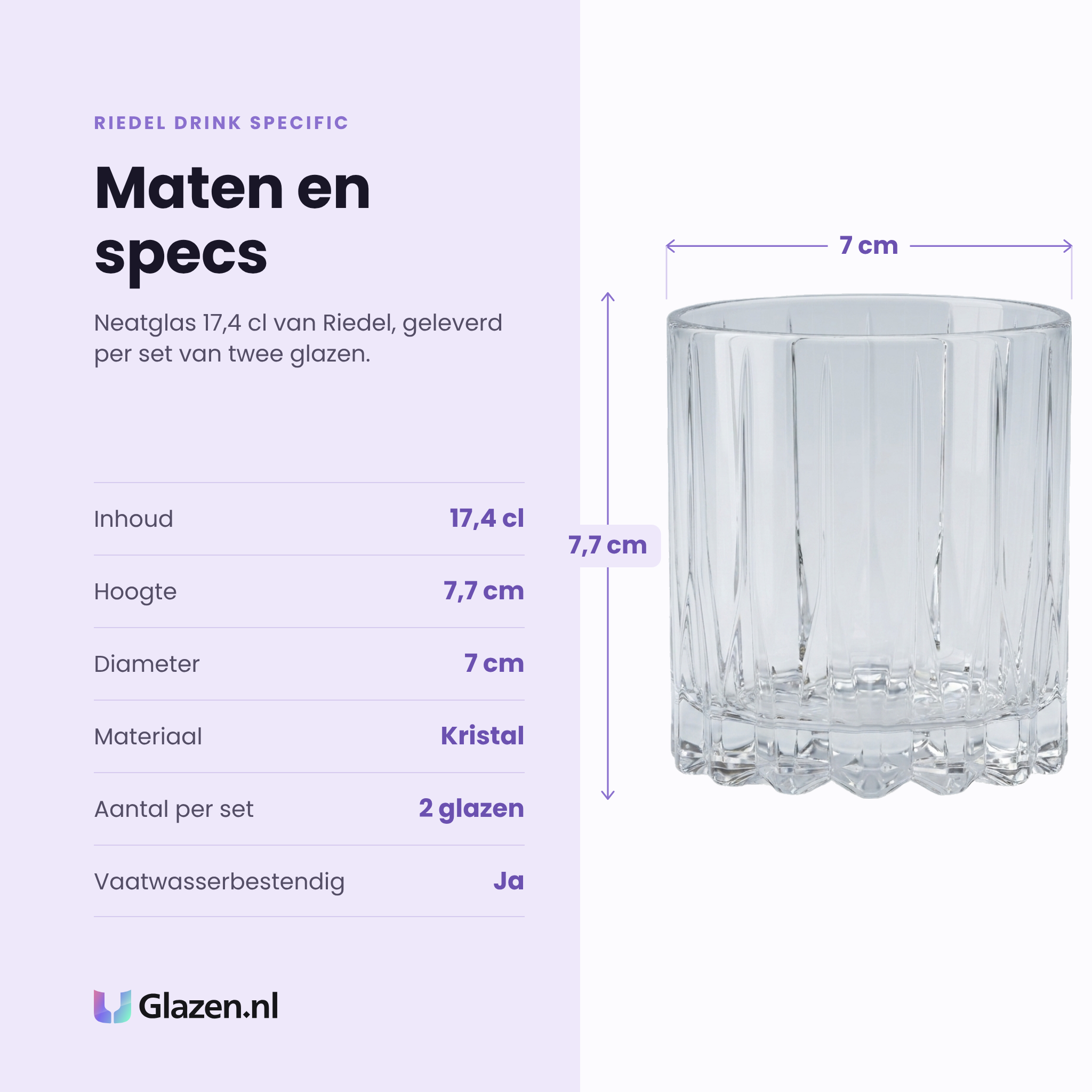 Riedel Drink Specific Glassware neatglas 17,4 cl specificaties: inhoud 17,4 cl, hoogte 7,7 cm, diameter 7 cm, kristal, set van 2